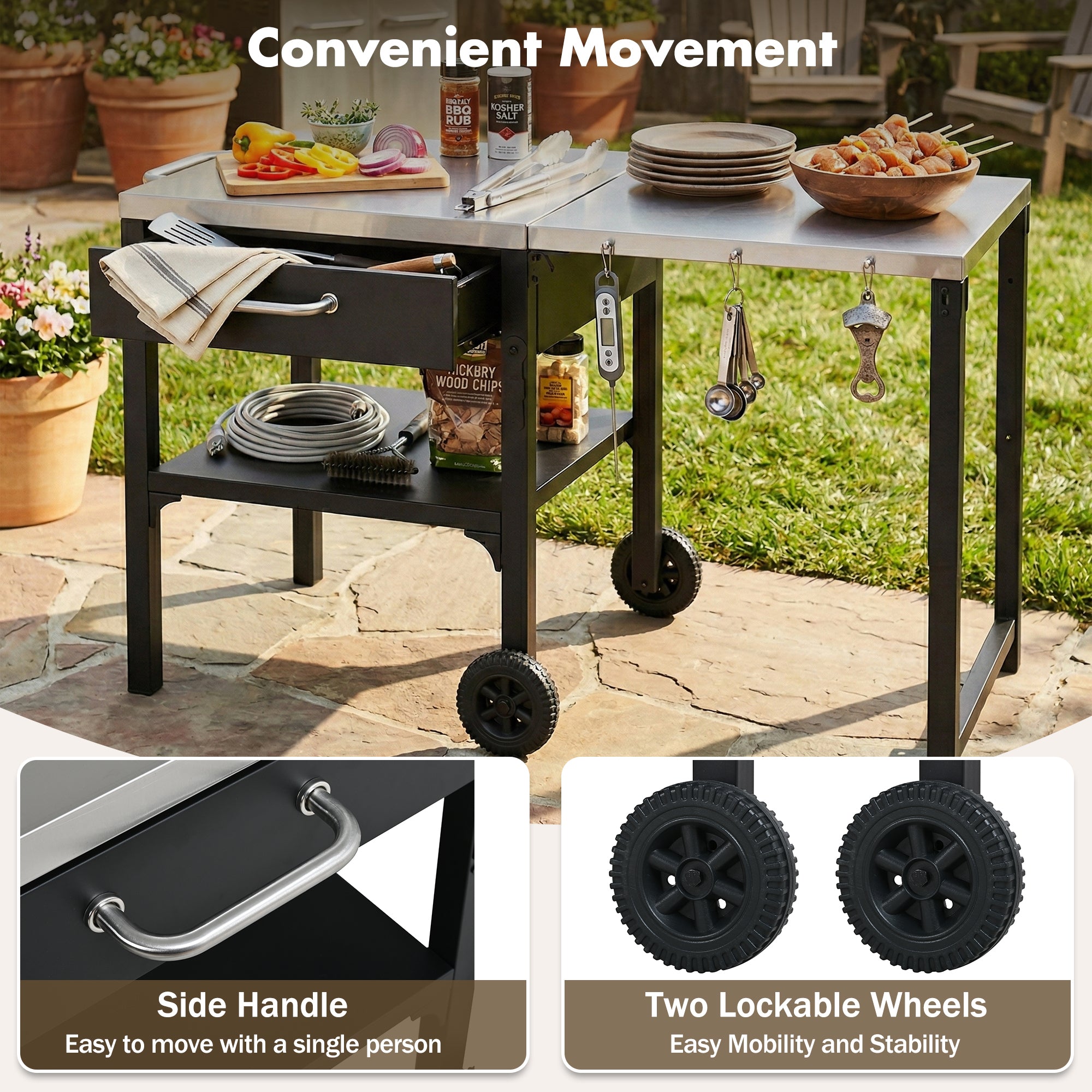 Foldable BBQ cart with storage, portable for backyard & patio cooking