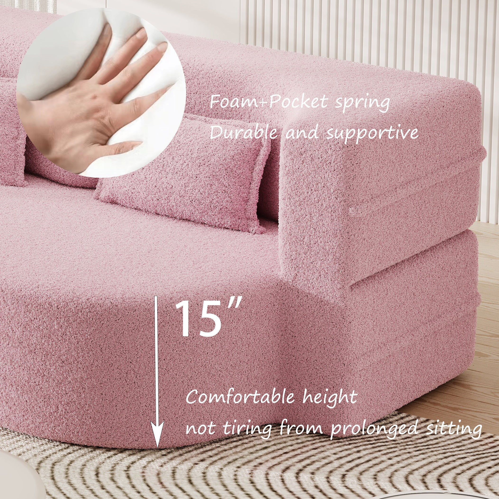 Modern Convertible Teddy Fabric Sofa with 2 Pillows