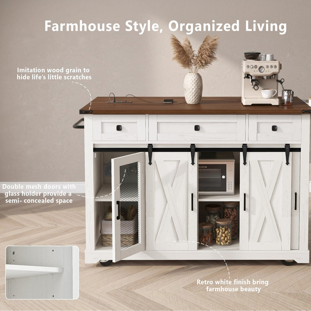 58“ Farmhouse Kitchen Island with Storage Sliding Barn Door Metal Grid Side Door