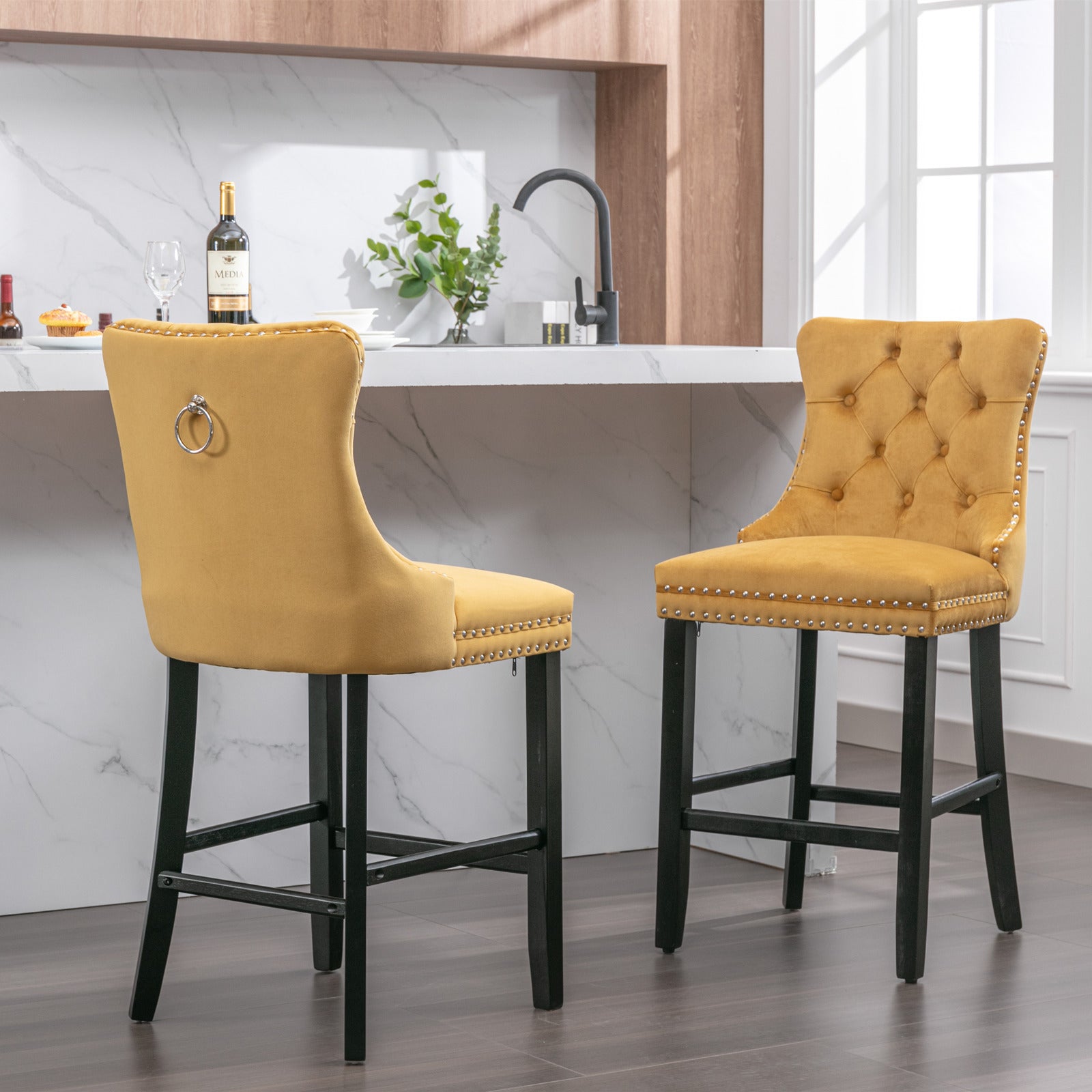 Contemporary Velvet Upholstered Barstools with Button Tufted Decoration (Set of 2)