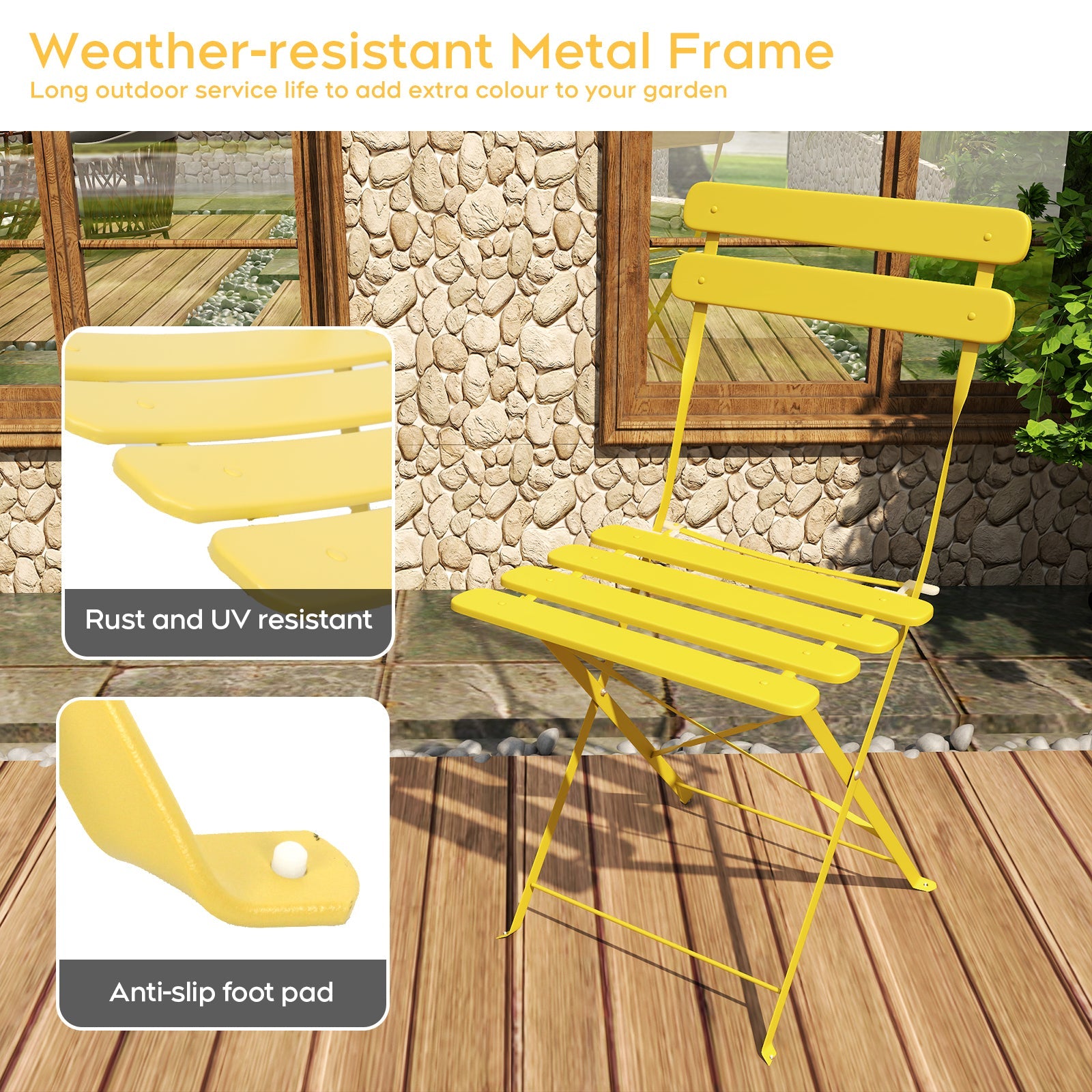 Yellow Bistro Table and 2 Chairs Foldable Outdoor Indoor Patio Coffee Set