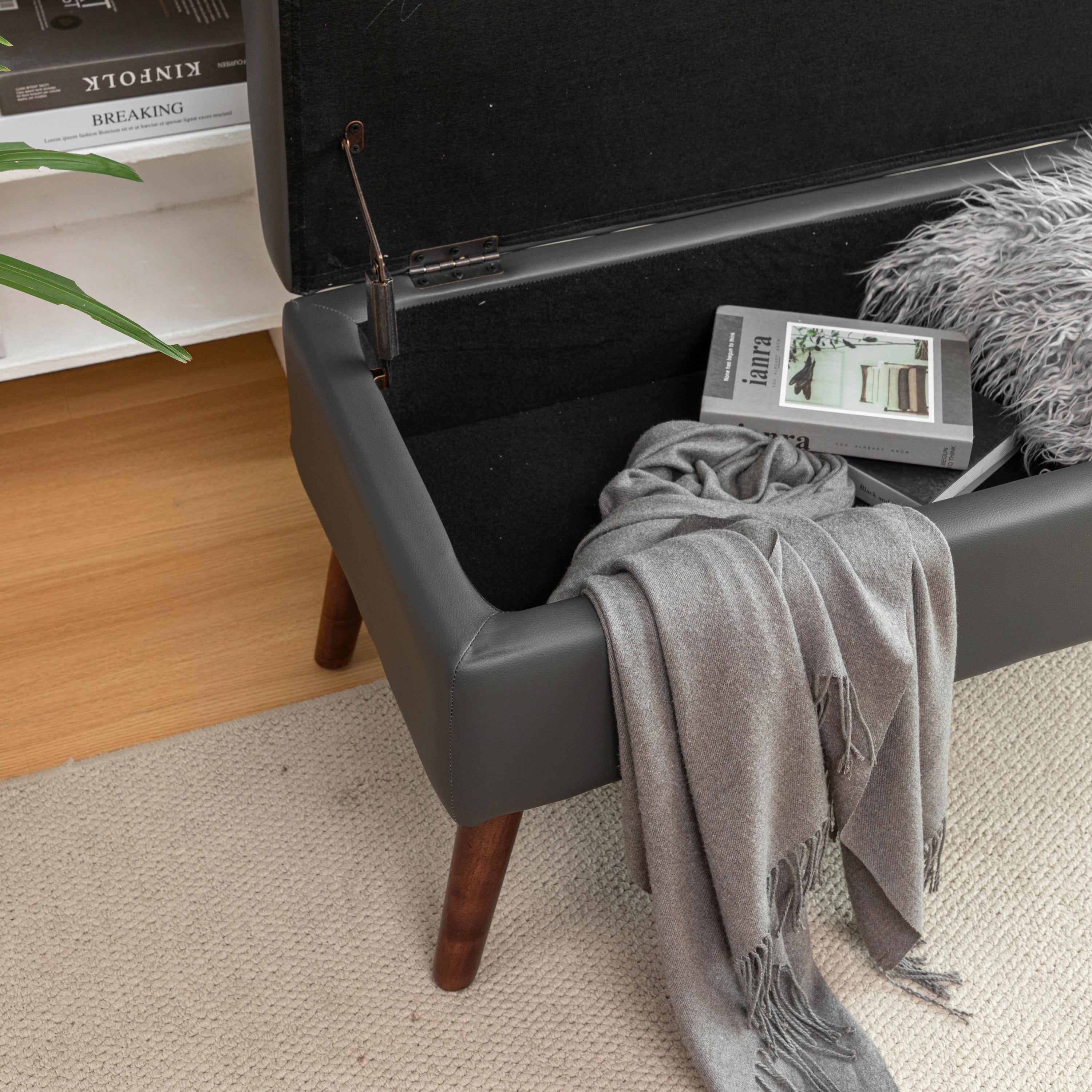 Brown PU Leather Storage Bench