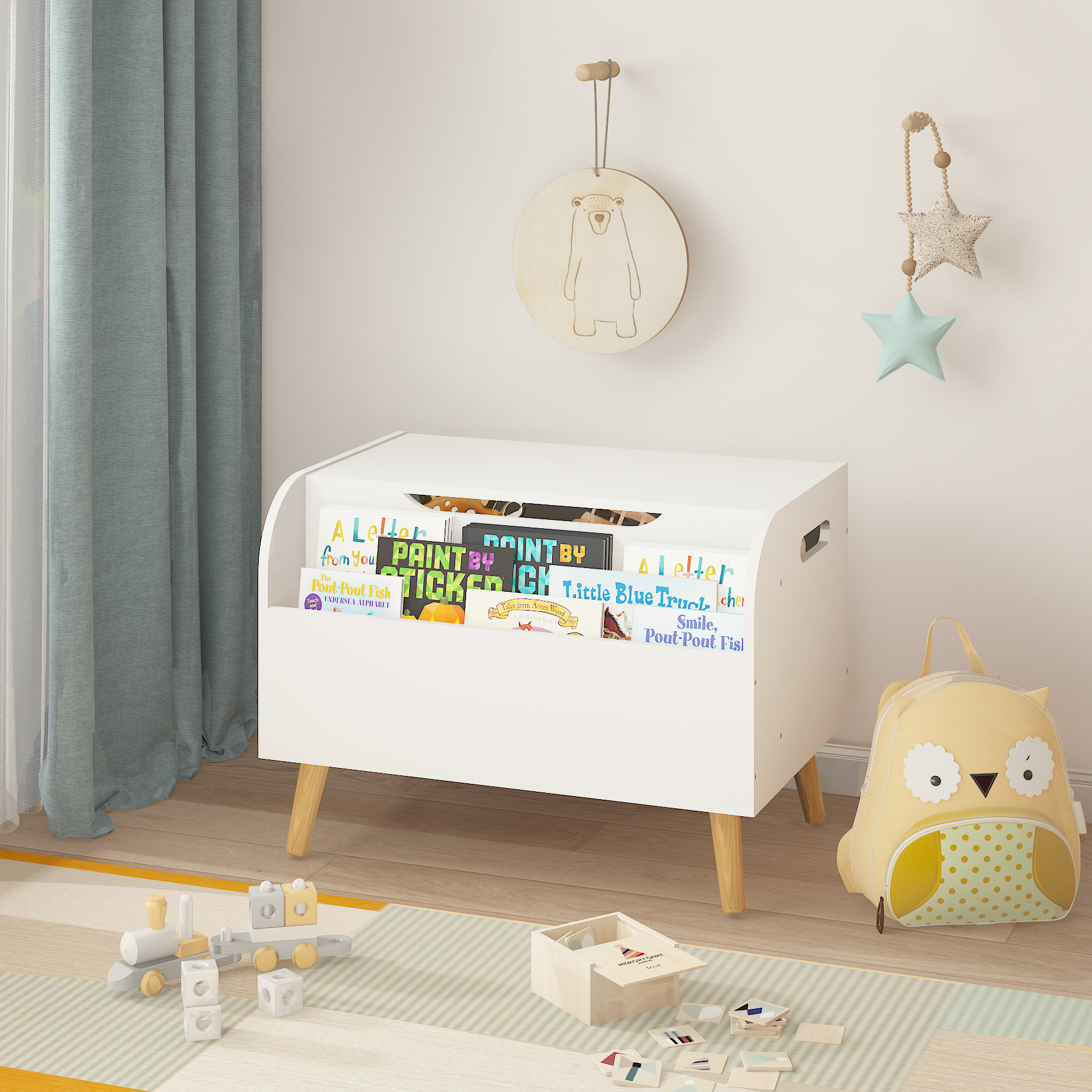 Kids  Wooden Toy Storage Bench with Front Bookshelf