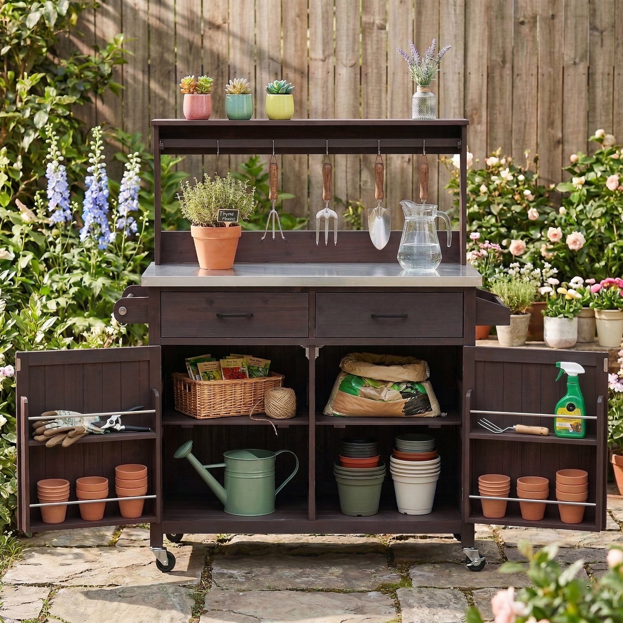 54.1" Outdoor Kitchen Island with High Shelf, Stainless Steel Top & Storage Cabinet