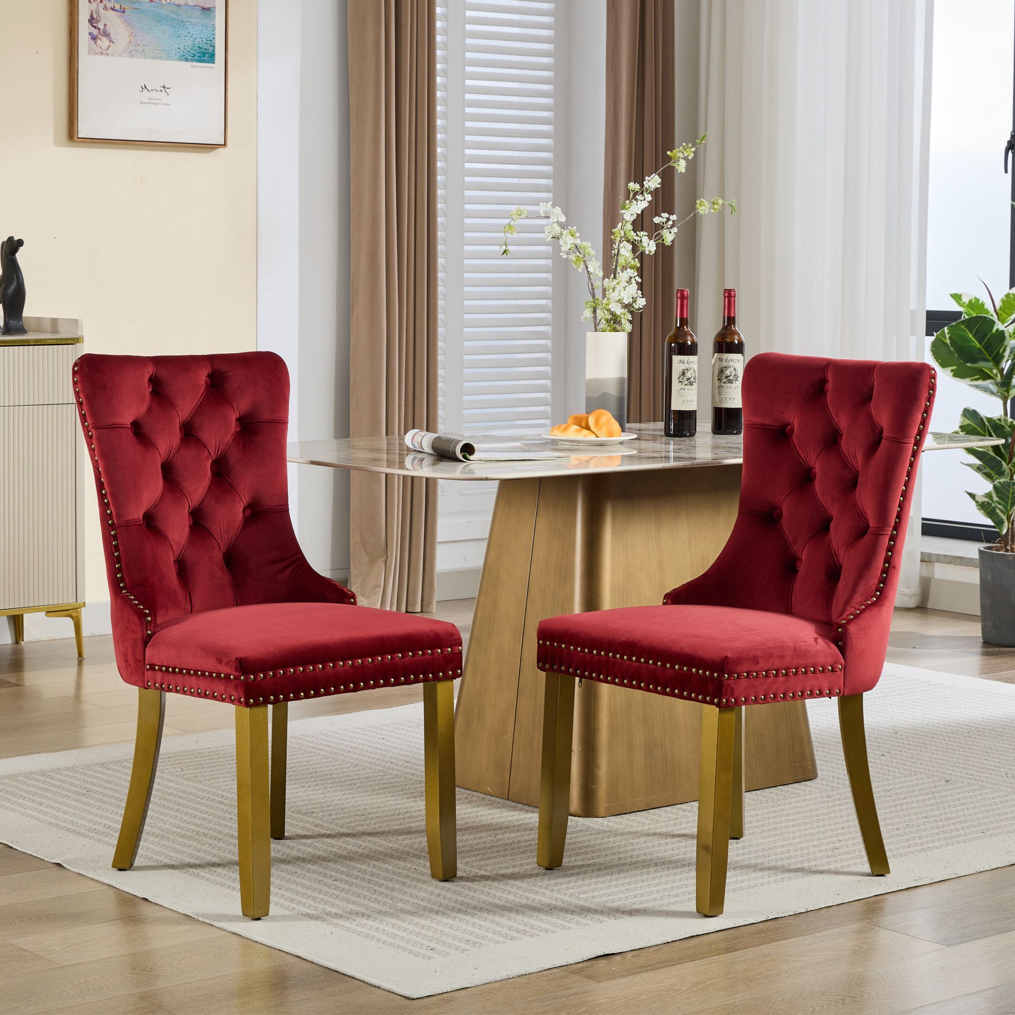 Mid-Century Velvet Dining Chairs with Lion Head Pull Ring (Set of 2)