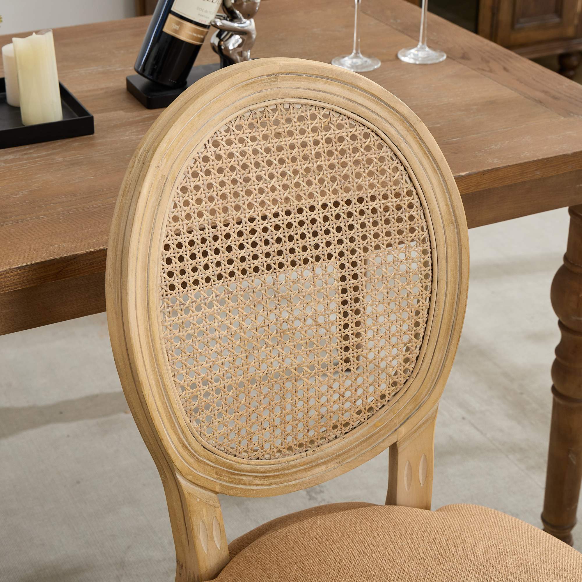 French Style Linen Fabric Rattan Back Dining Chairs (Set of 2)