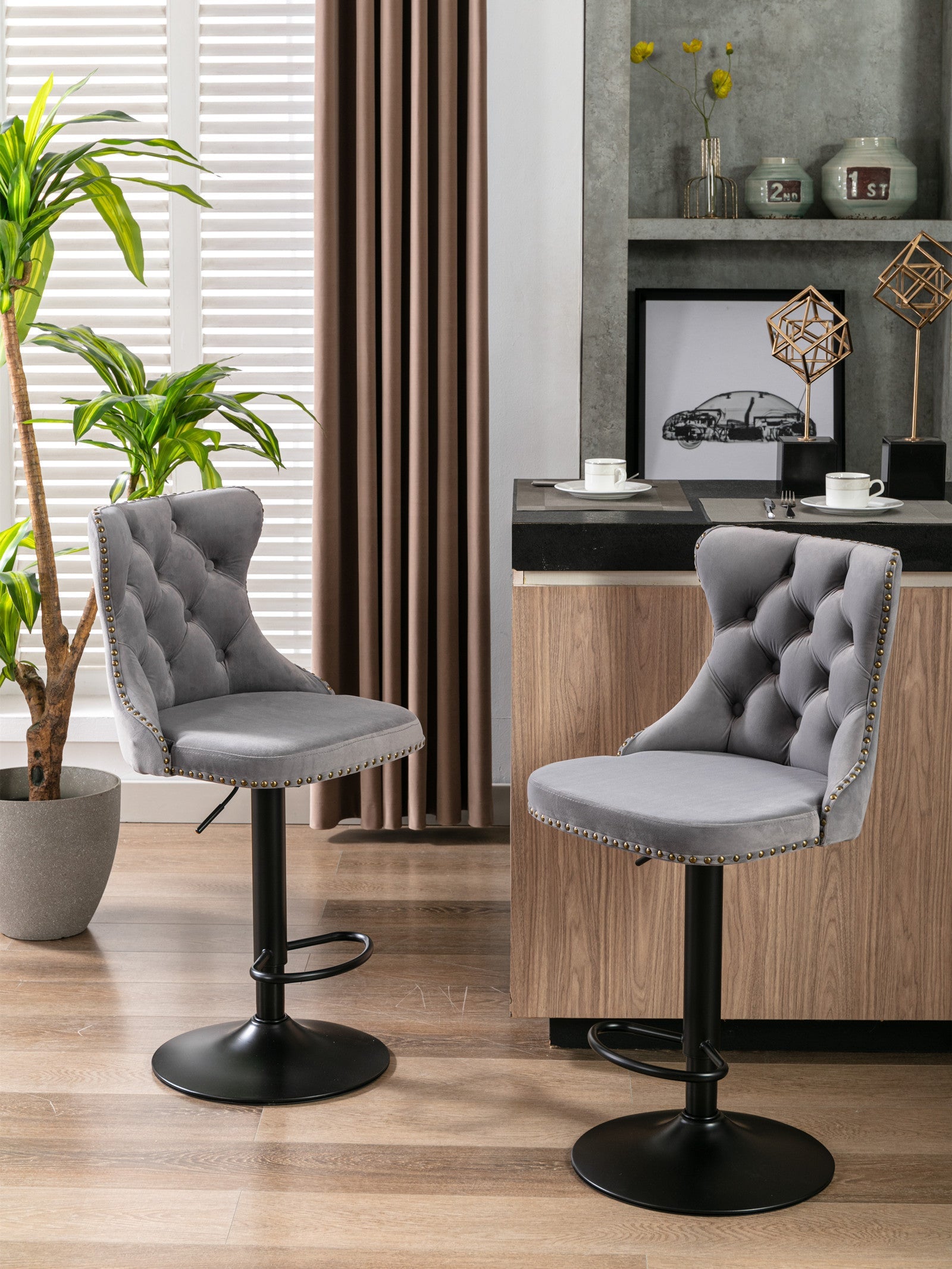 Modern Swivel Velvet Barstools Adjusatble Seat (Set of 2)