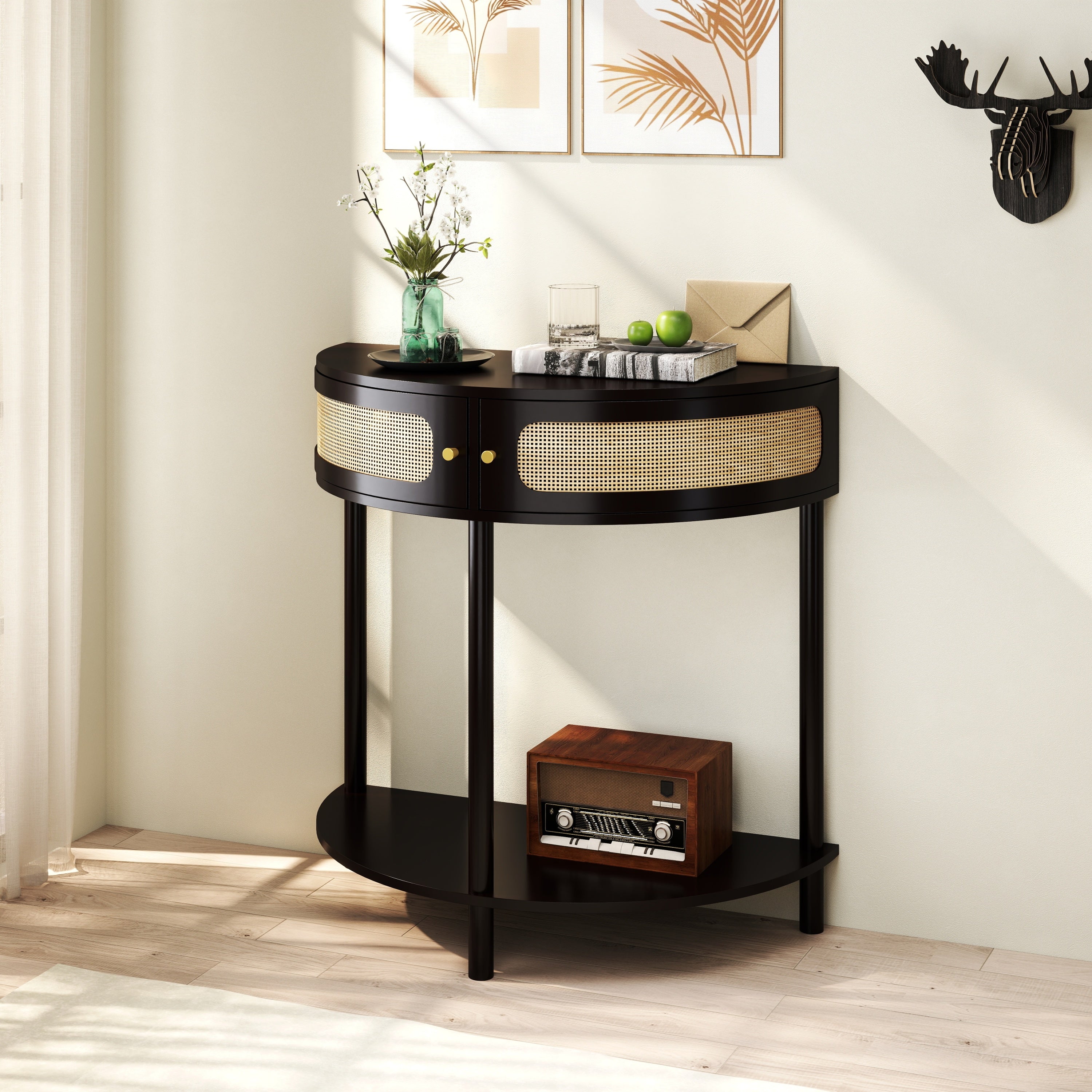 Rattan Semi Circle End Table with 2 Rattan Storage Cabinet