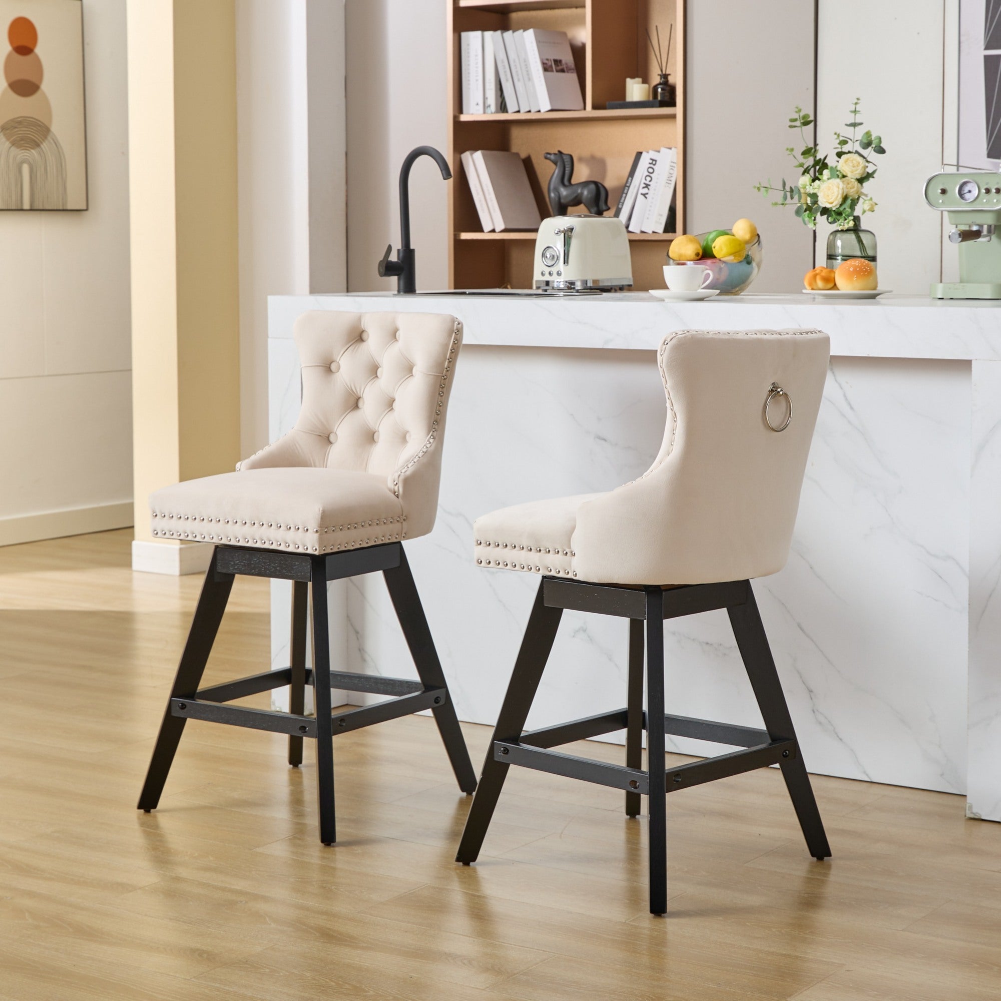 Swivel Velvet Barstools with Button Tufted Decoration (Set of 2)