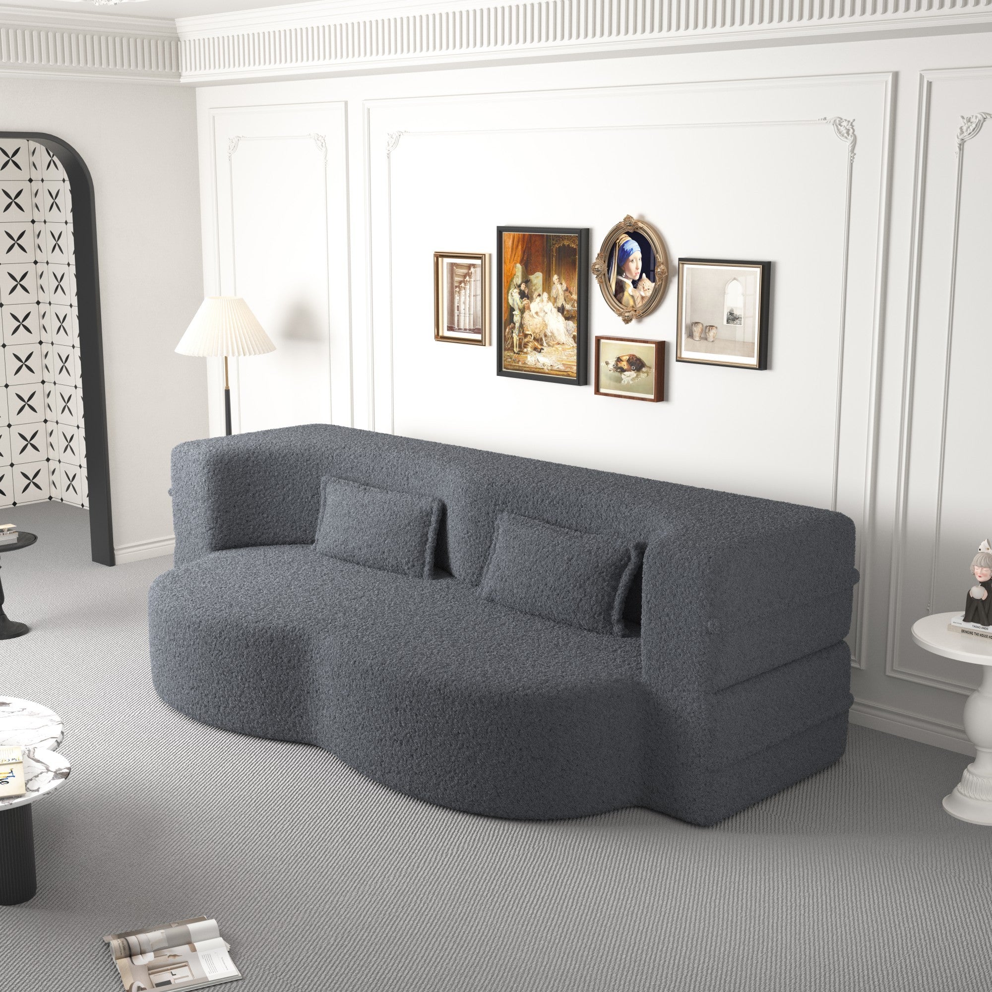 Modern Convertible Teddy Fabric Sofa with 2 Pillows