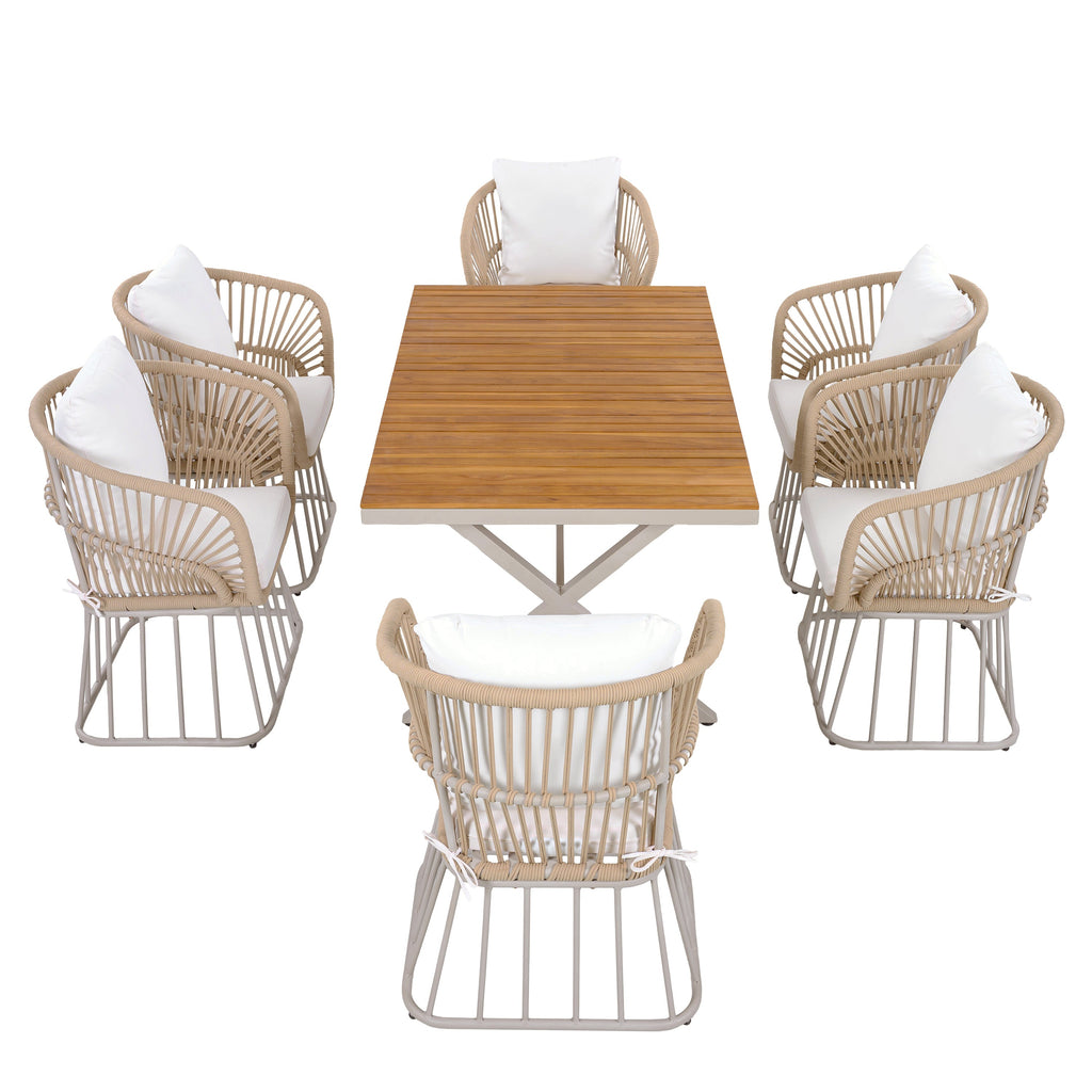 Outdoor Dining Set Teak Table 4 Wicker Chairs Cushions Steel Frame Set
