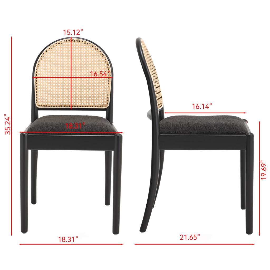 Set of 2 Rattan Dining Chairs Upholstered Linen Modern Wood-Leg Kitchen Chairs