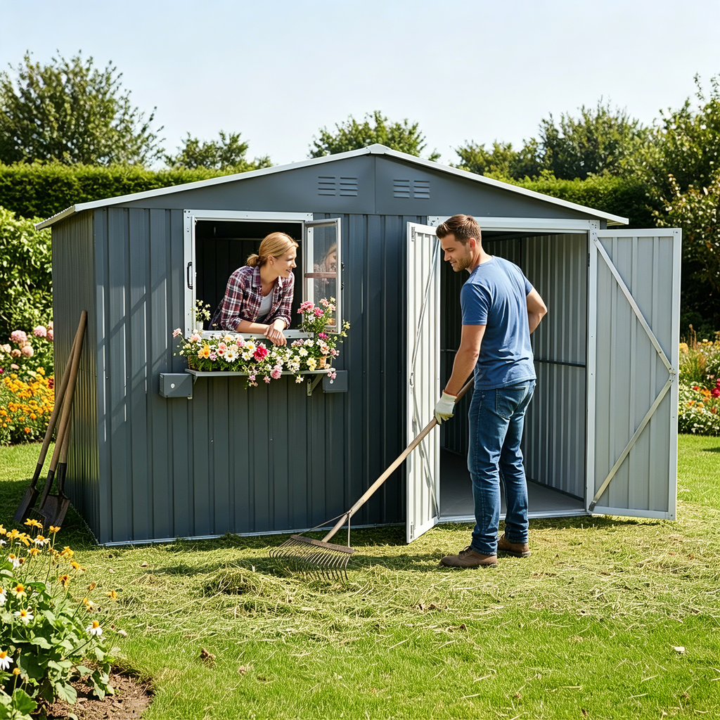 10x8 Ft Metal Storage Shed Lockable Double Doors Window Waterproof Shed