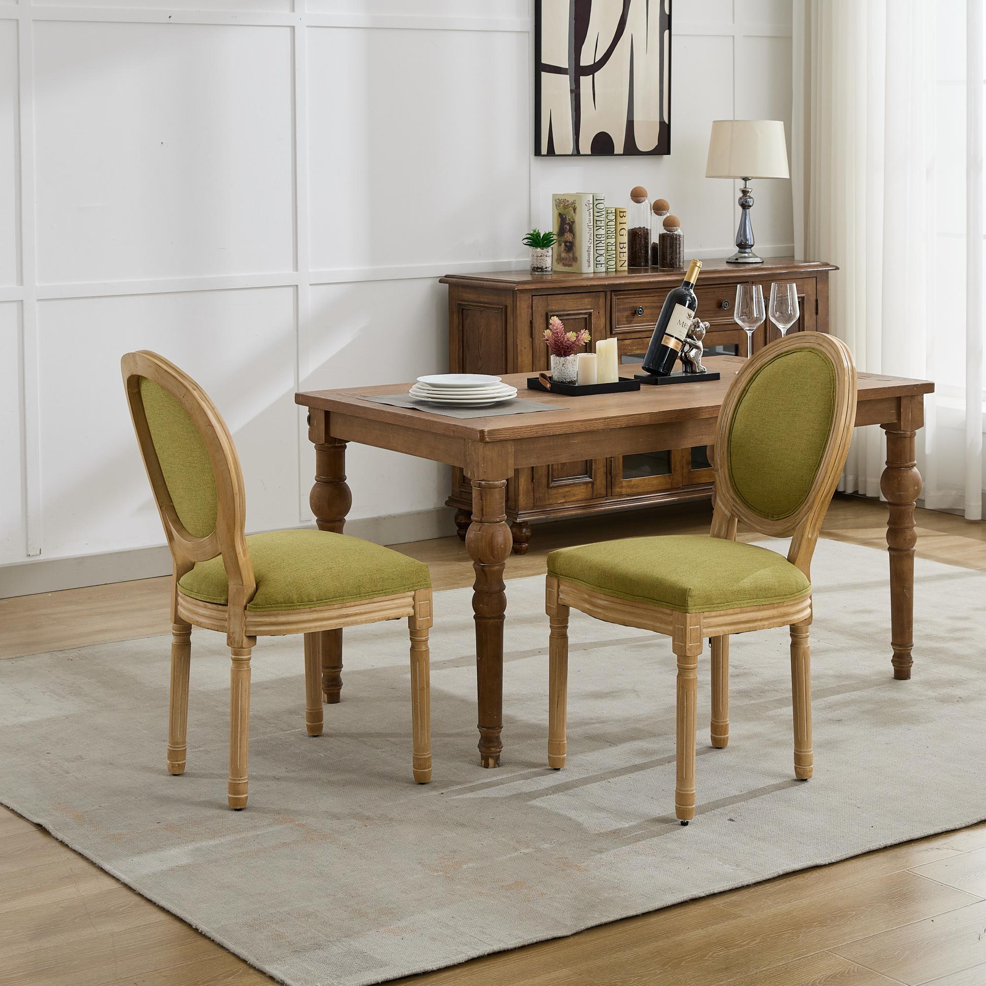 French Style Solid Wood Frame Linen Fabric Back Dining Chair (Set of 2)