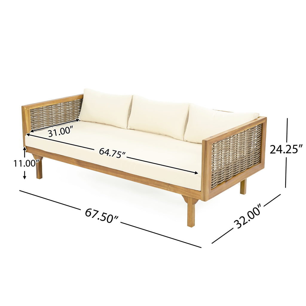 3 Seater Acacia Wood Daybed with Rattan Arms Beige Cushion