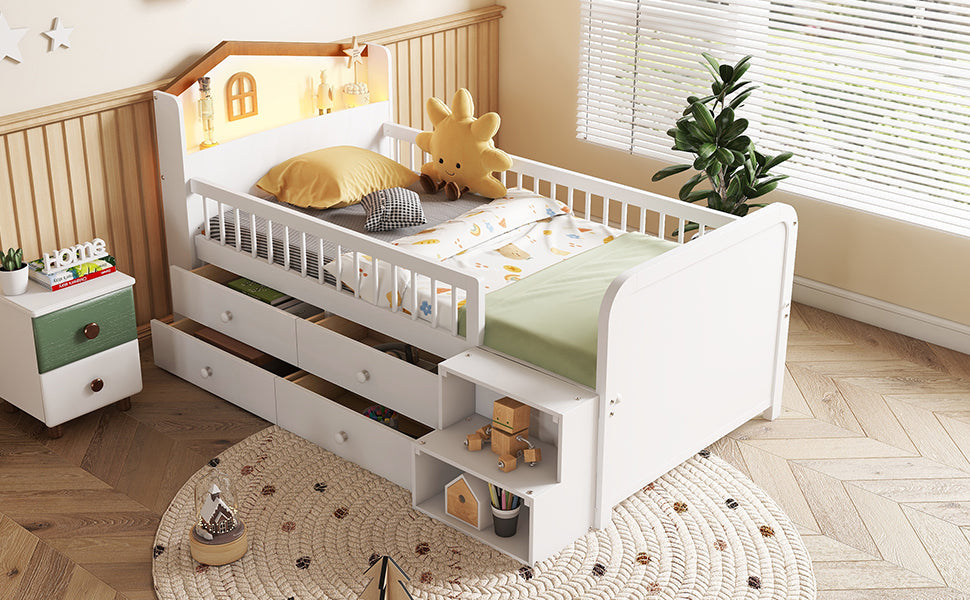 Wooden Twin Loft Bed with House Shape Headboard