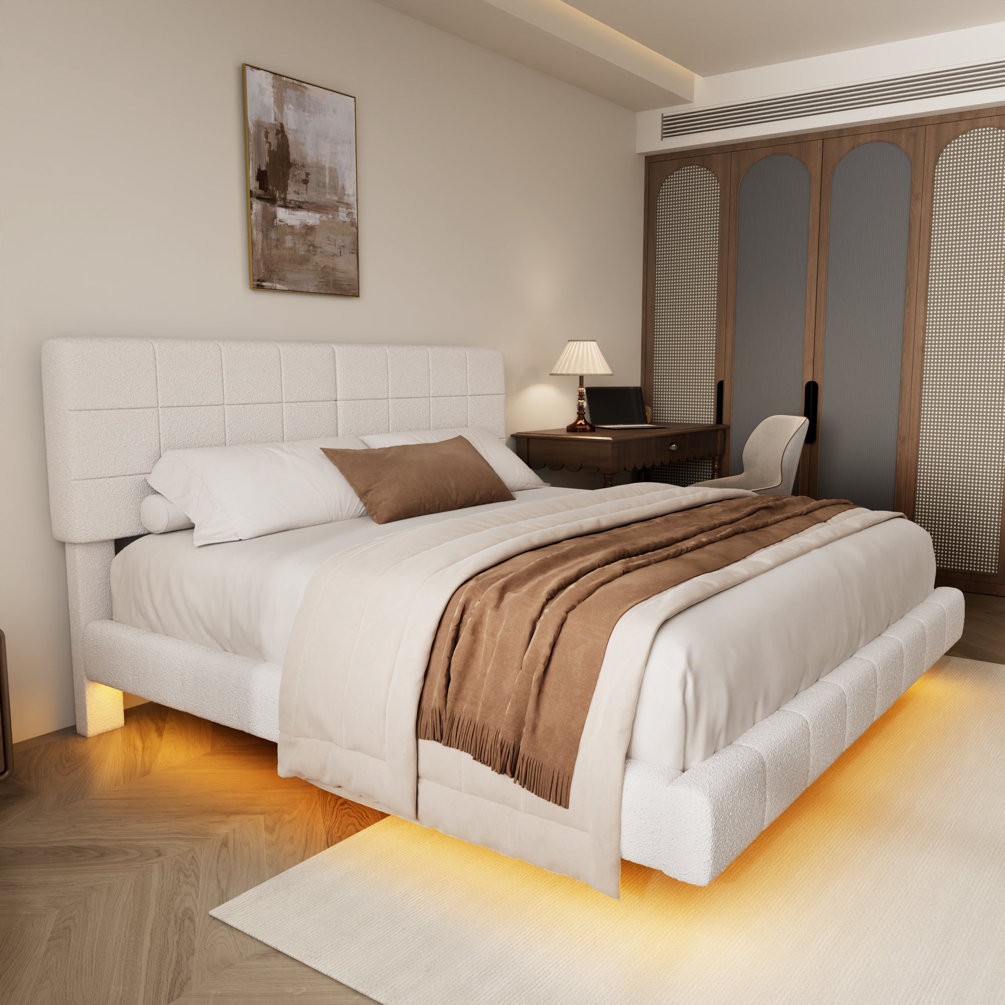 White  Boucle Floating Bed with Light