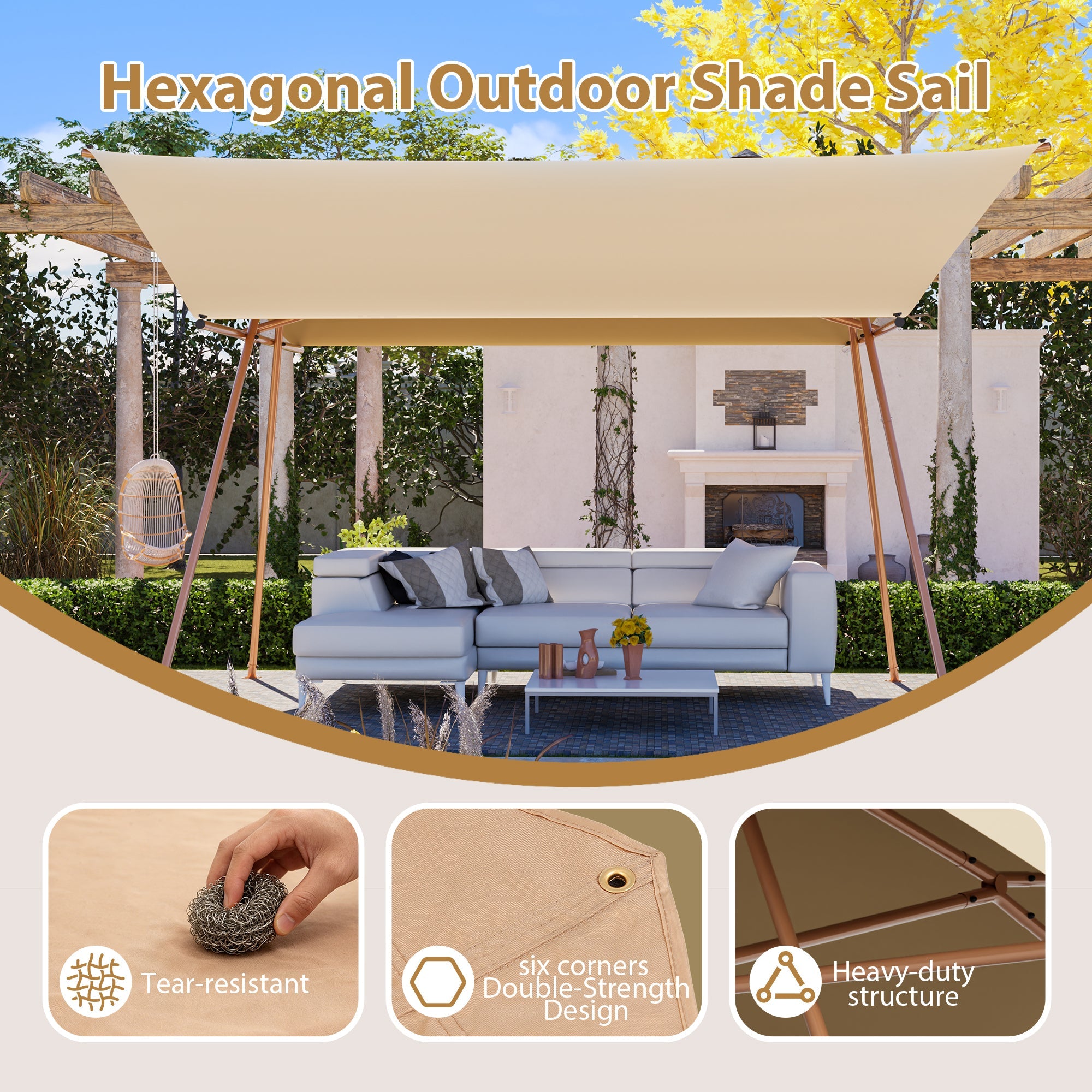 Hexagonal Shade Sail Canopy 206x118 UPF50 Waterproof Sun Shade Patio Use