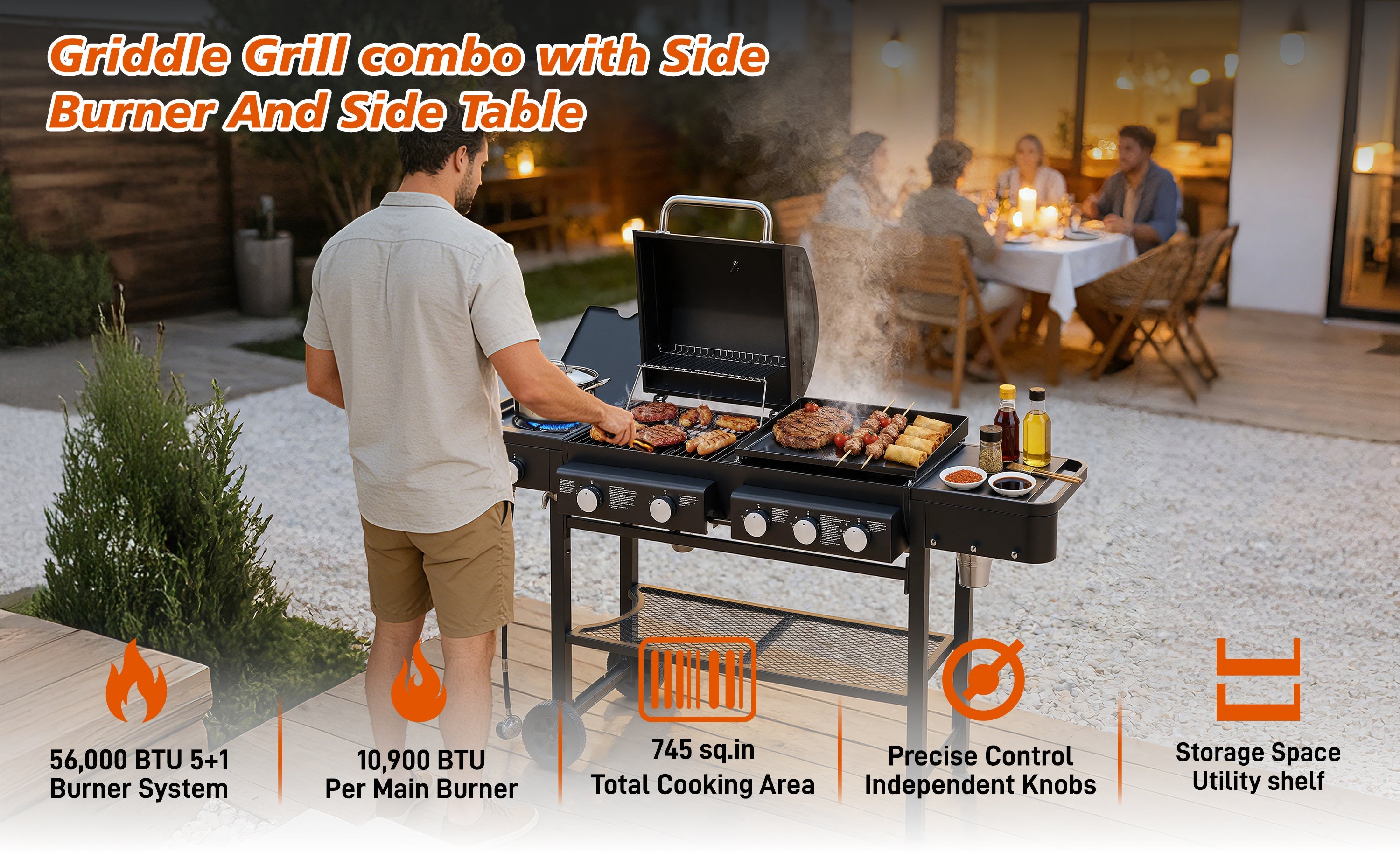 All-in-One 5 Burner Propane Gas Grill Griddle Combo 56000 BTU Heavy Duty Backyard BBQ