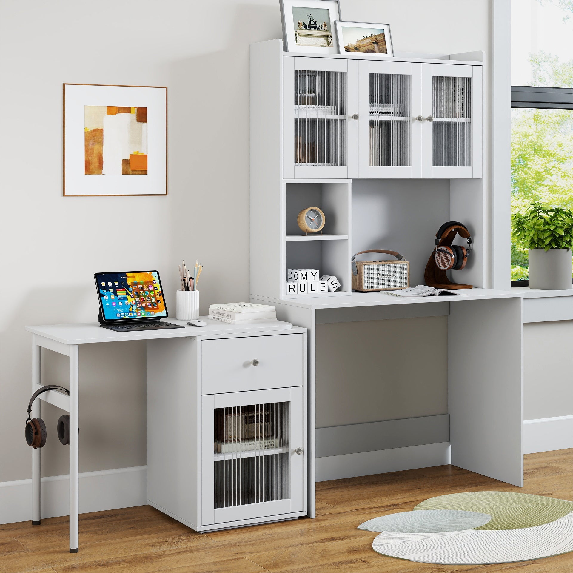90 Degree Rotating Desktop Computer Desk with Glass Door for Home Office