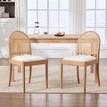 Set of 2 Rattan Dining Chairs Upholstered Linen Modern Wood-Leg Kitchen Chairs