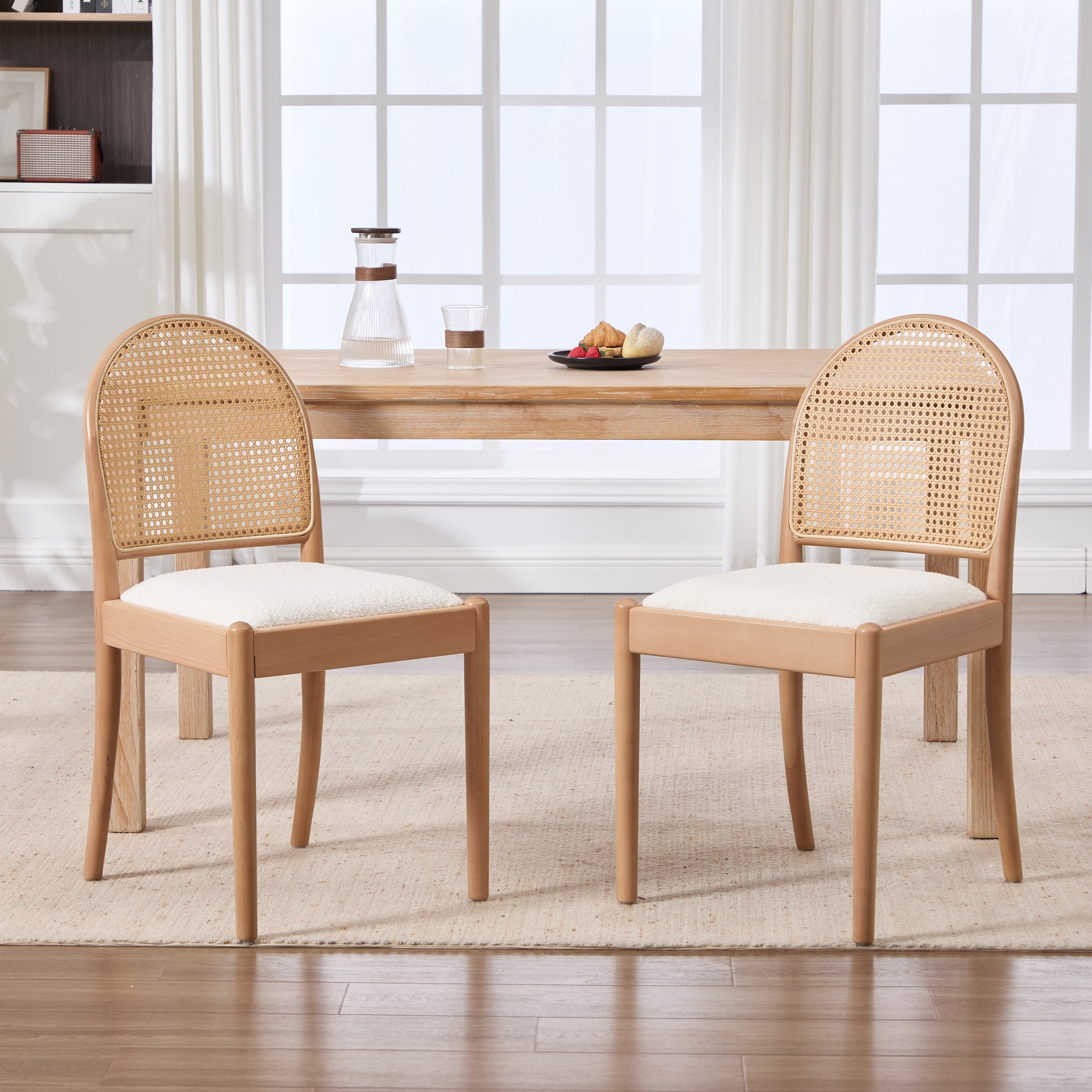 Set of 2 Rattan Dining Chairs Upholstered Linen Modern Wood-Leg Kitchen Chairs