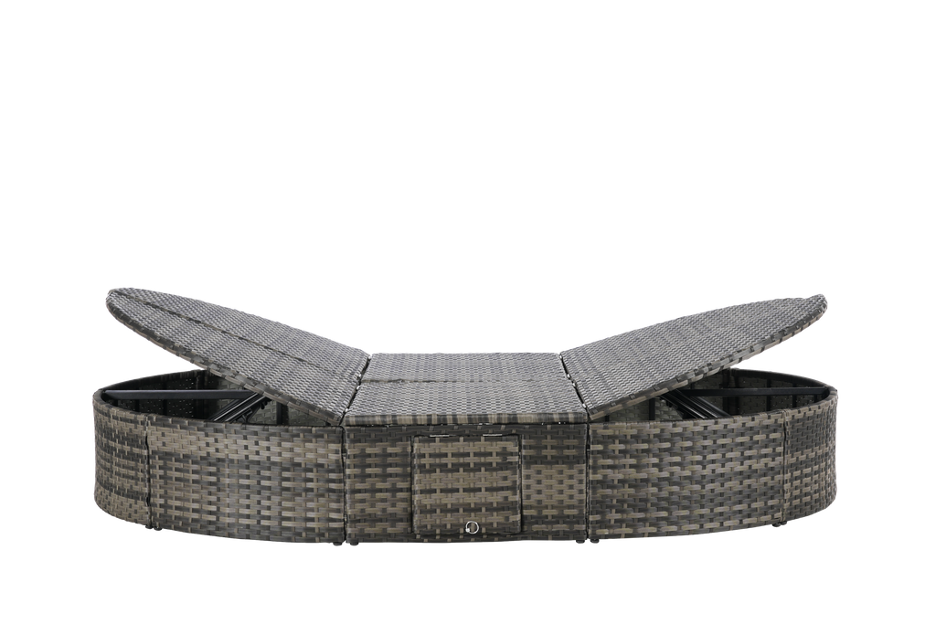 Round outdoor patio daybed with adjustable backrests foldable cup trays and cushioned wicker design ideal for backyard and poolside lounging