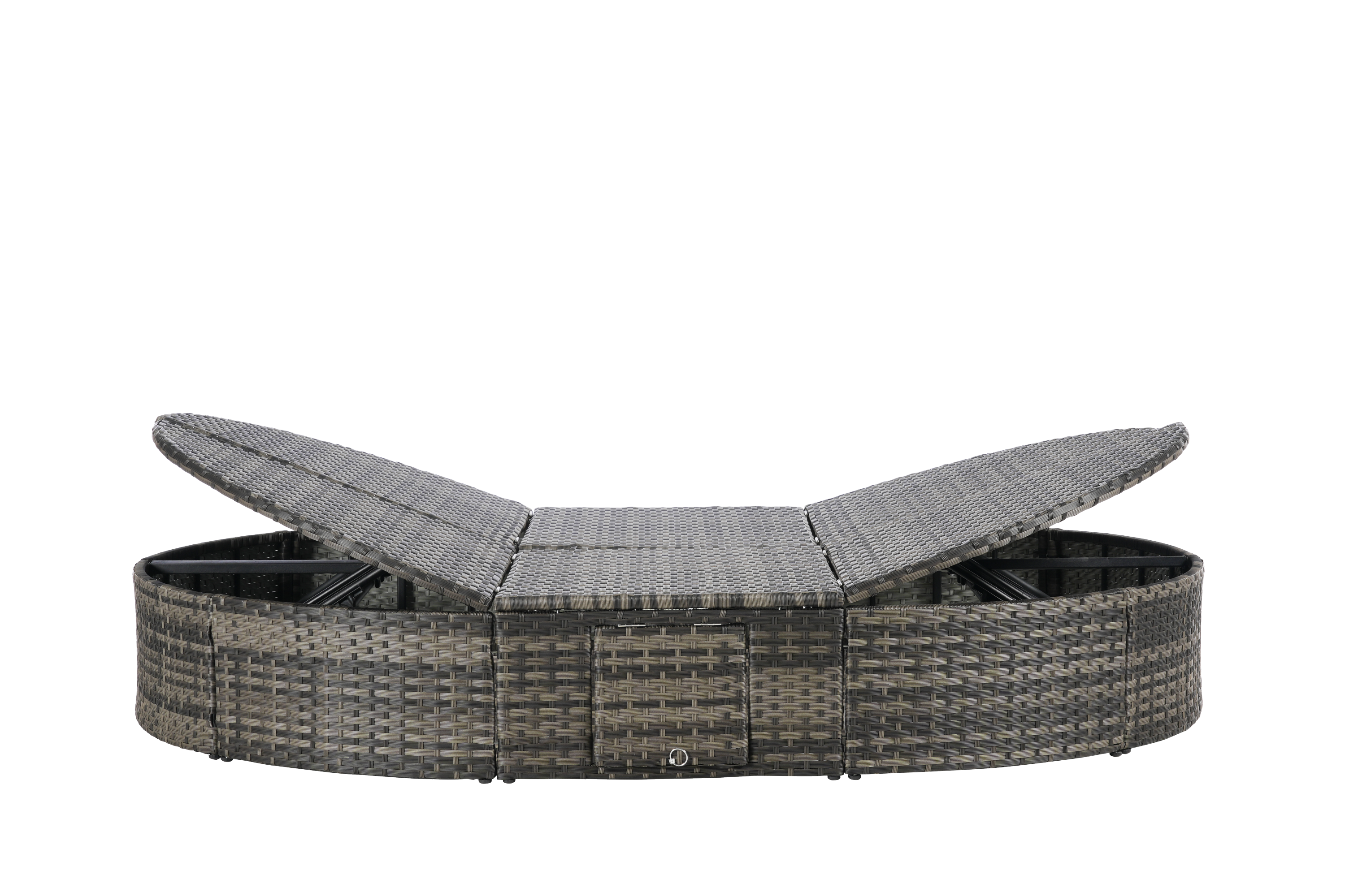 Round outdoor patio daybed with adjustable backrests foldable cup trays and cushioned wicker design ideal for backyard and poolside lounging