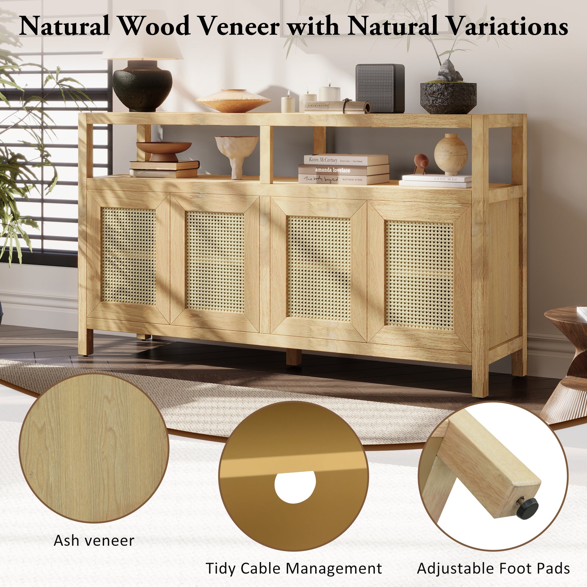 Bohemian Style Rattan Storage Cabinet with 3-position Adjustable Shelves