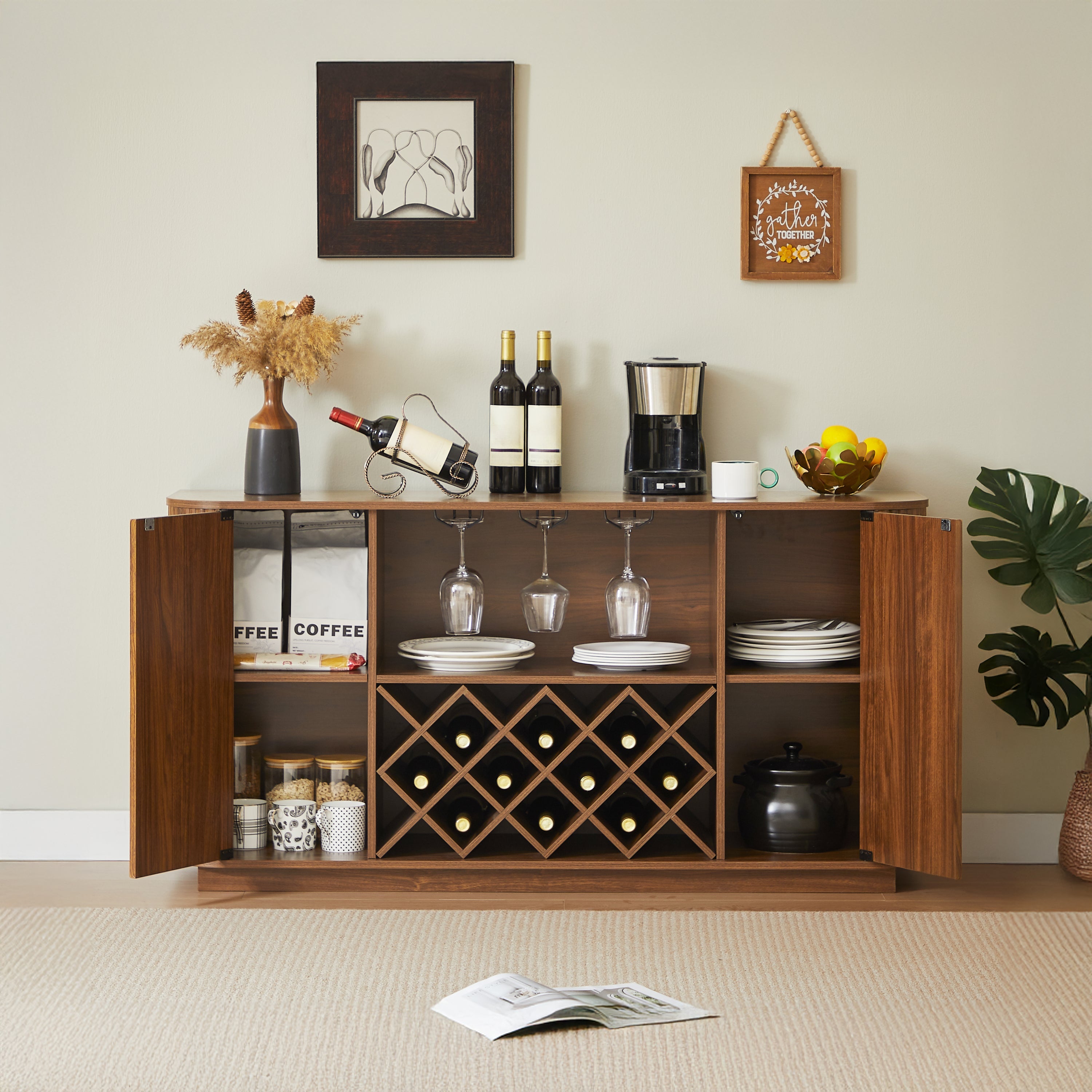 58' Wavy Curve Sideboard-Multifunctional Cabinet with Wine Storage