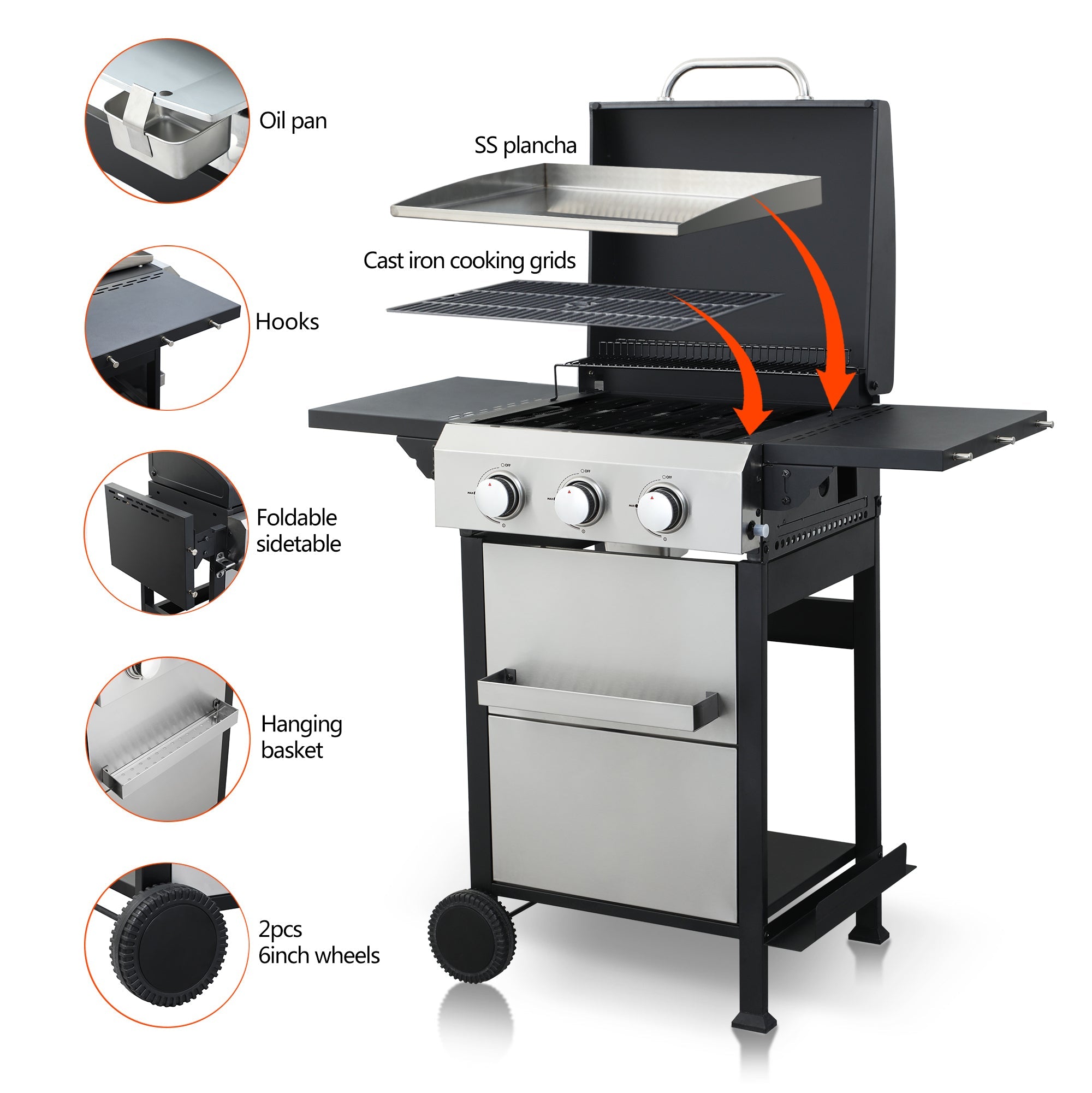 3 Burner Propane Gas BBQ Grill 36900BTU Stainless Steel Cooking Surface Foldable Table