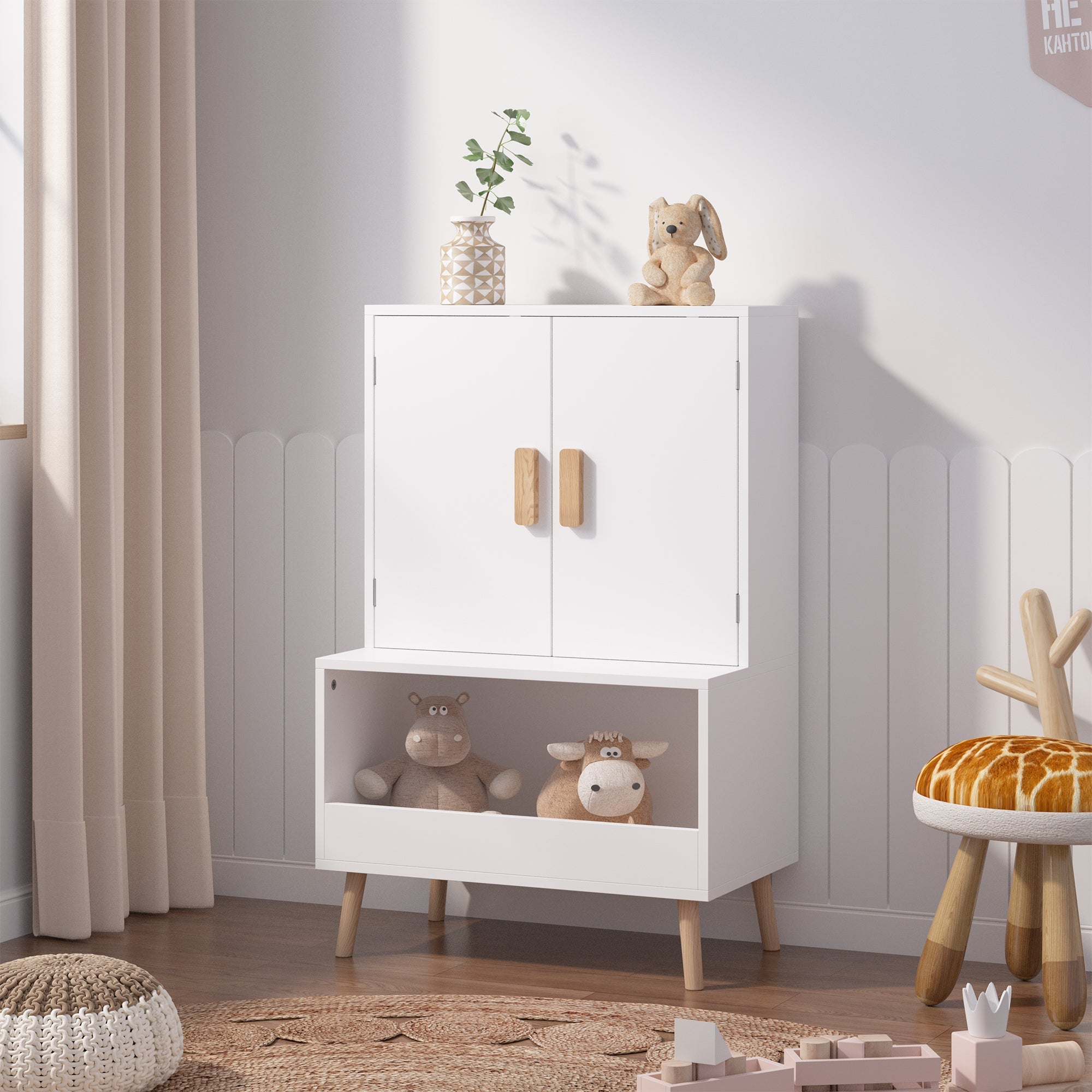 White Modern Wooden Toy Storage Cabinet with Natural Wood Legs
