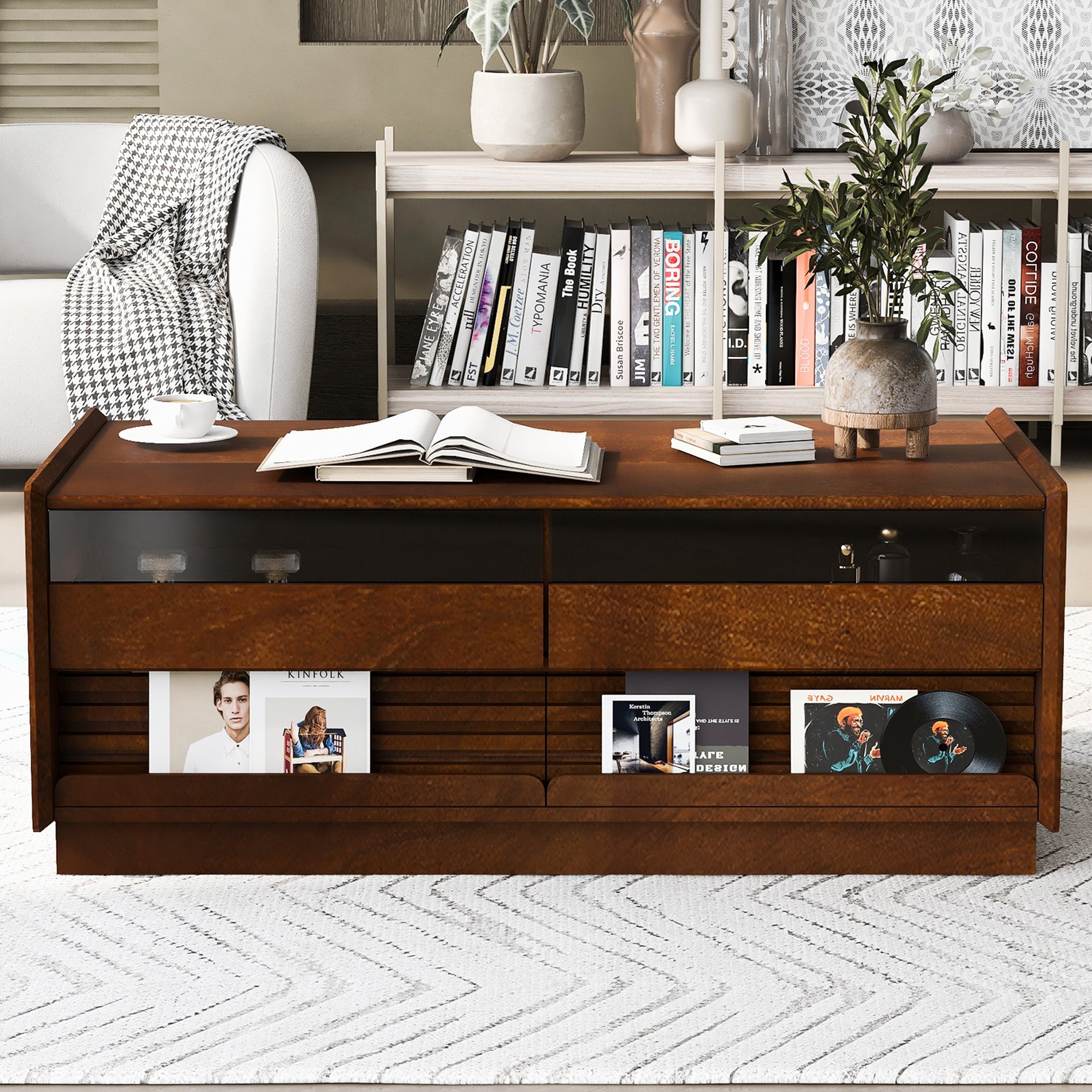 Modern 47.2' Wood Coffee Table with Fluted Style