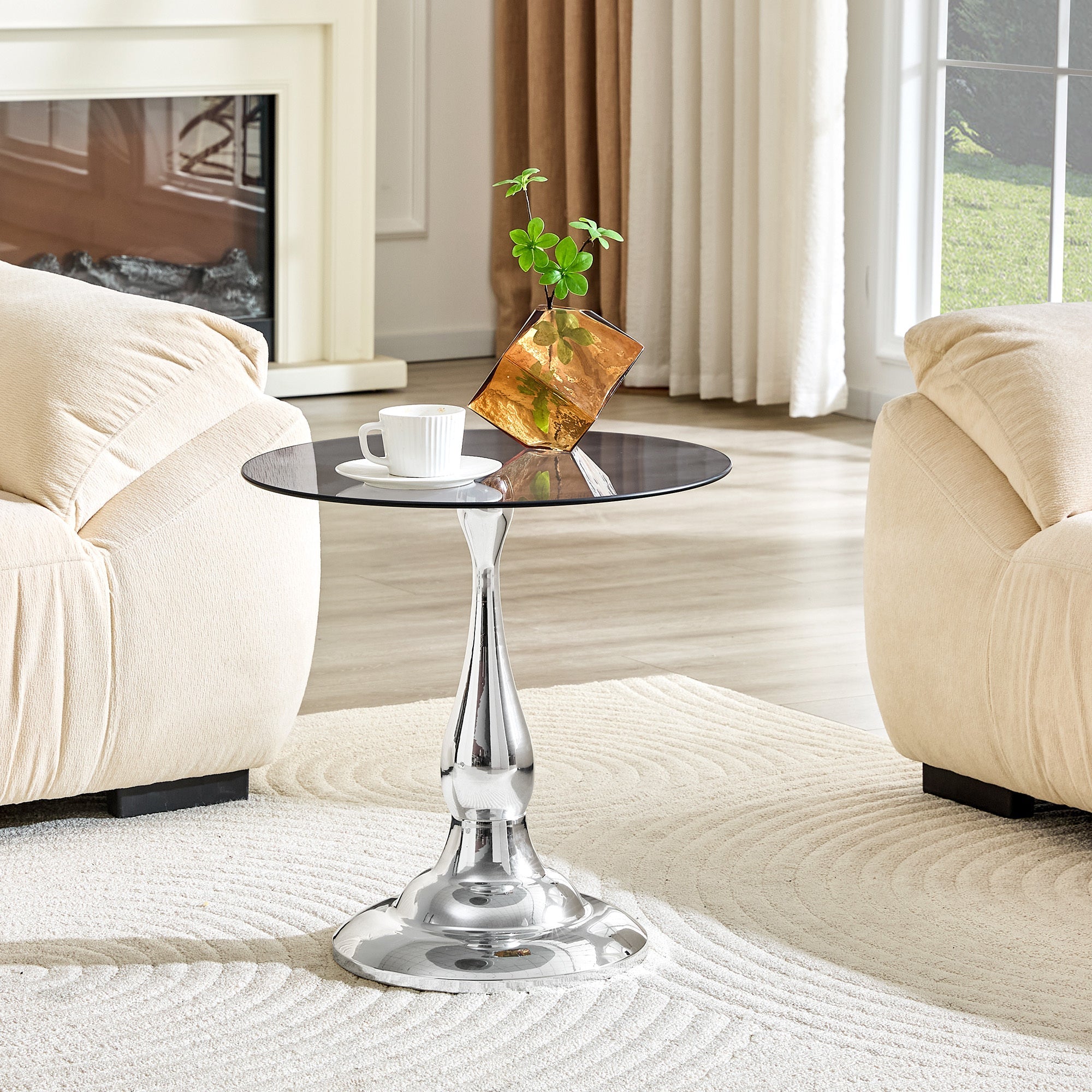 20" Small Luxury Metal Round Side Table with a Glass Top