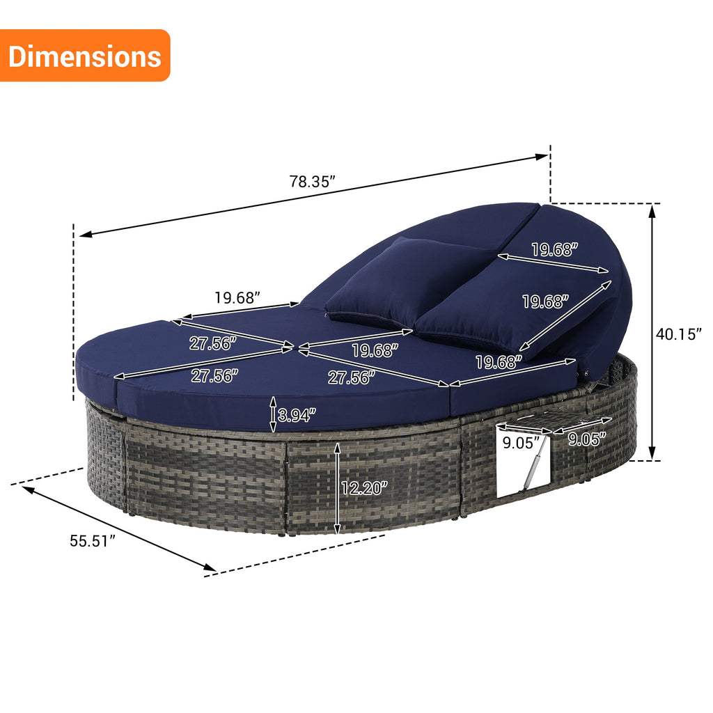 Round outdoor patio daybed with adjustable backrests foldable cup trays and cushioned wicker design ideal for backyard and poolside lounging