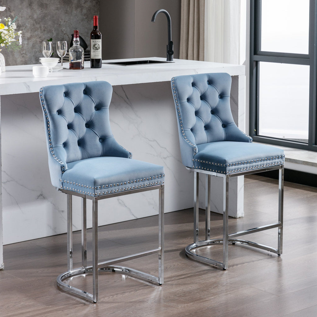 Luxury Elegant Nailhead Trim Tufted Velvet Bar Stools (Set of 2)