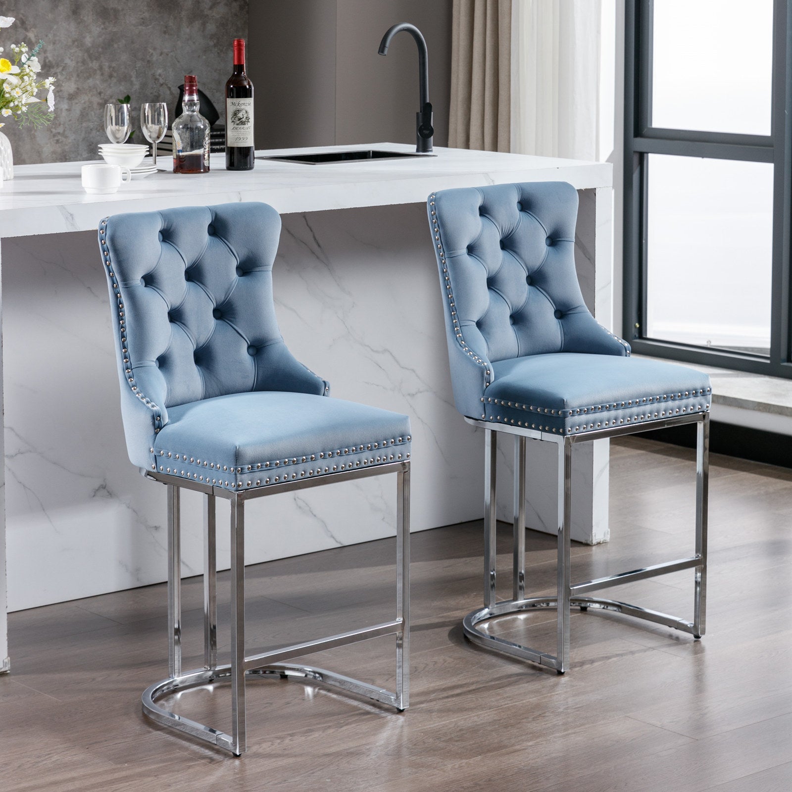 Luxury Elegant Nailhead Trim Tufted Velvet Bar Stools (Set of 2)