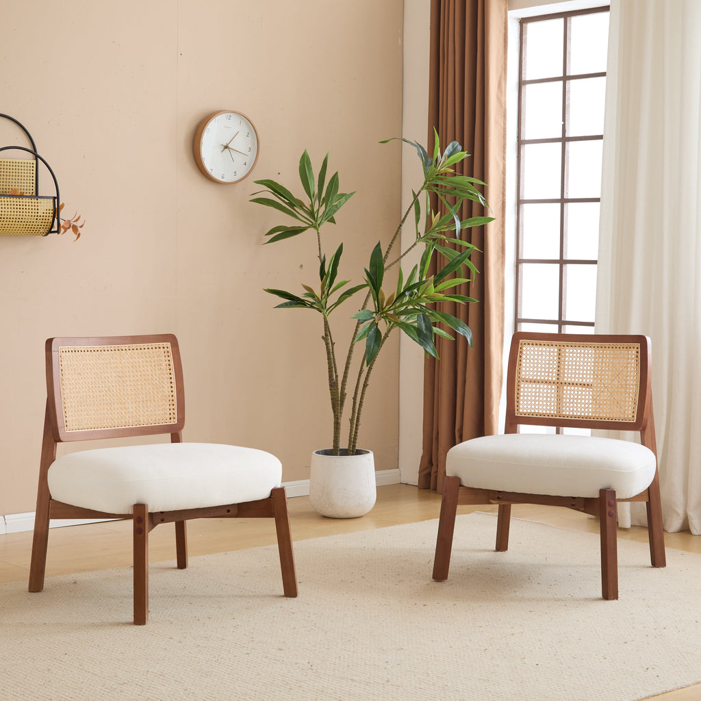Modern Beige Lounge Chair with Woven Backrest (Set of 2)
