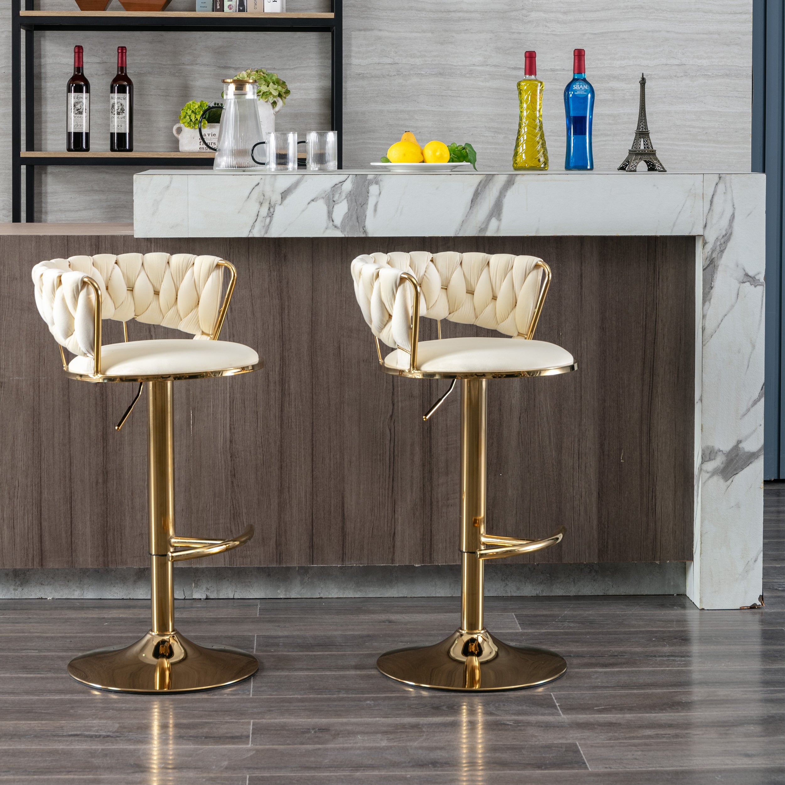 Swivel Height Adjustable Velvet Bar Stools with Golden Leg (Set of 2 )