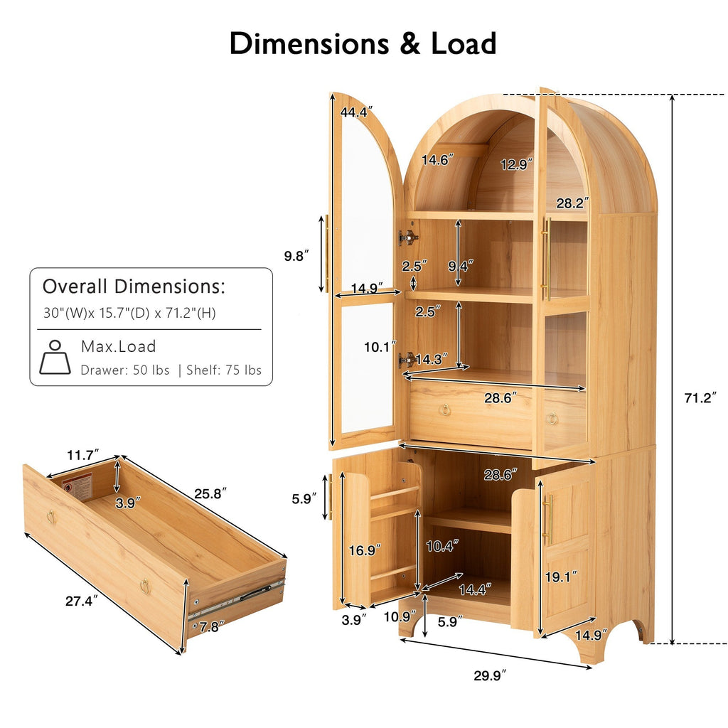 71" Tall Arched Farmhouse Kitchen Pantry Cabinet with Door Shelves