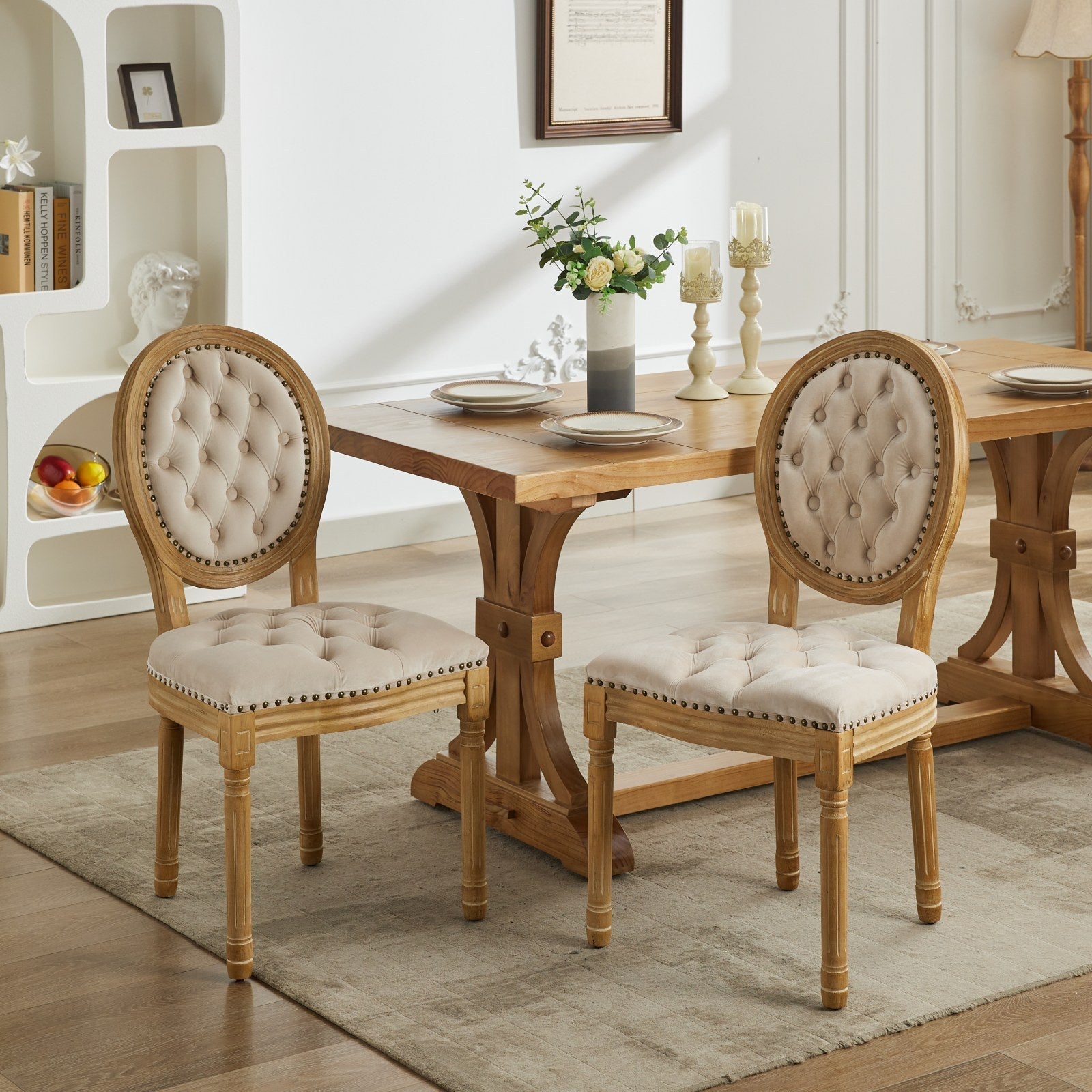French Style Solid Wood Frame Velvet Dining Chairs (Set of 2)