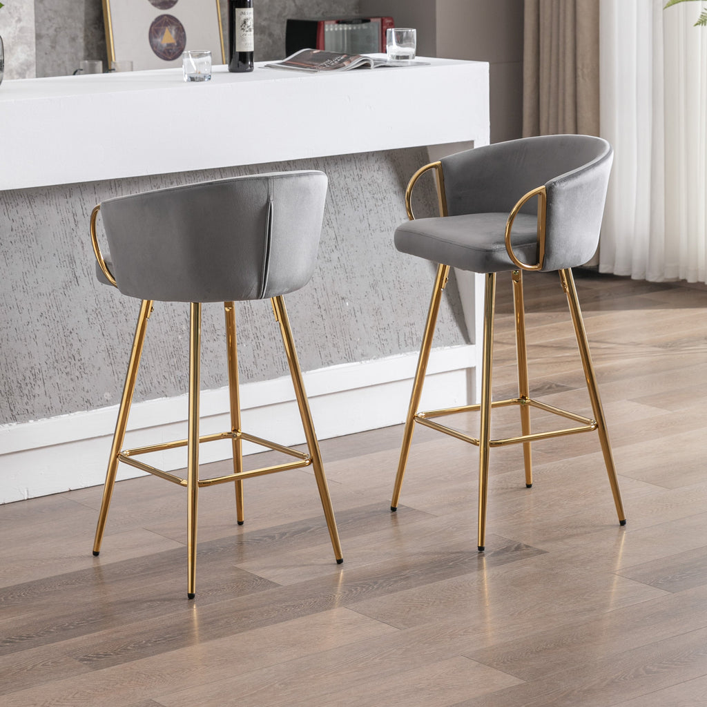 Velvet Bar Stools with Chrome Footrest and Base（Set of 2)
