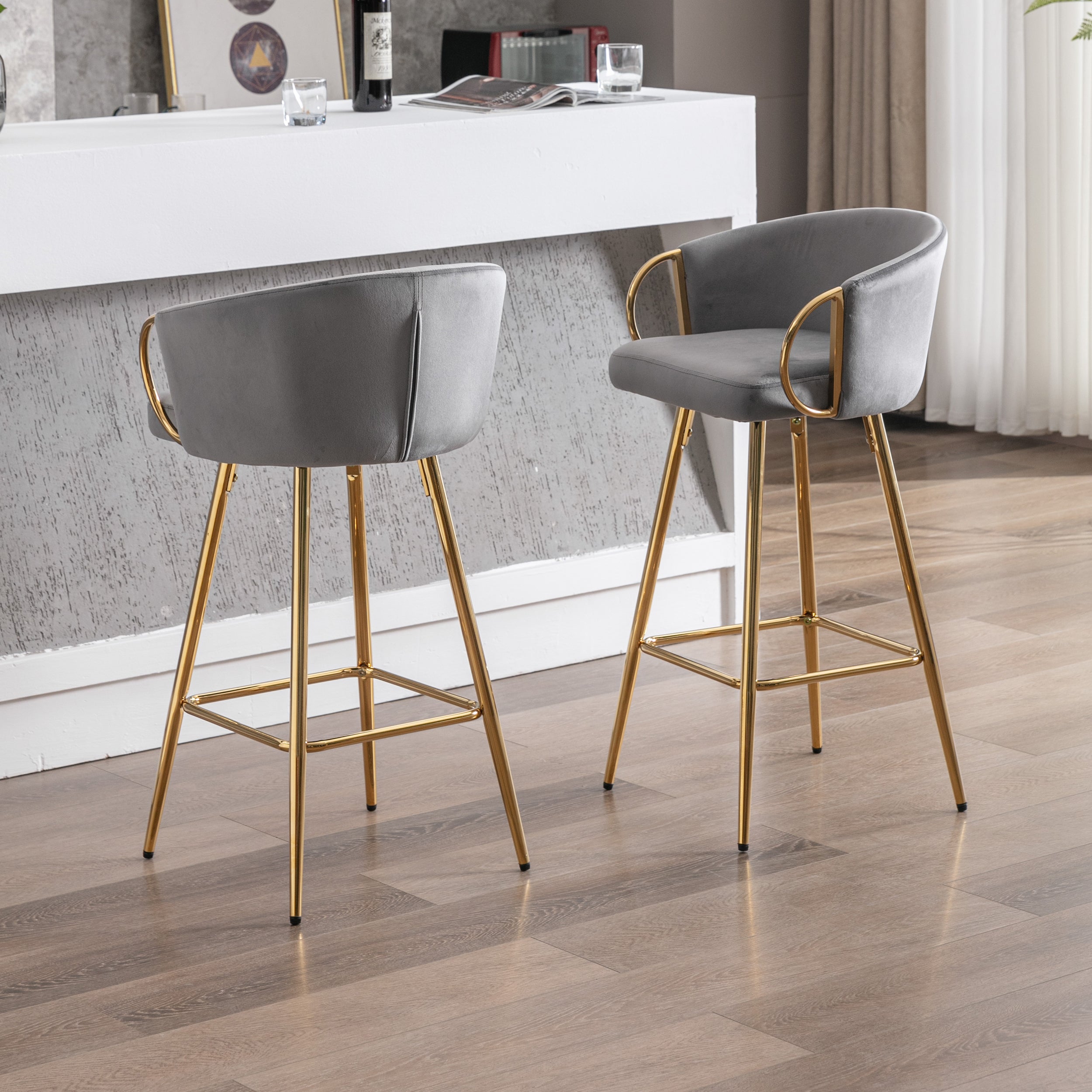 Velvet Bar Stools with Chrome Footrest and Base（Set of 2)