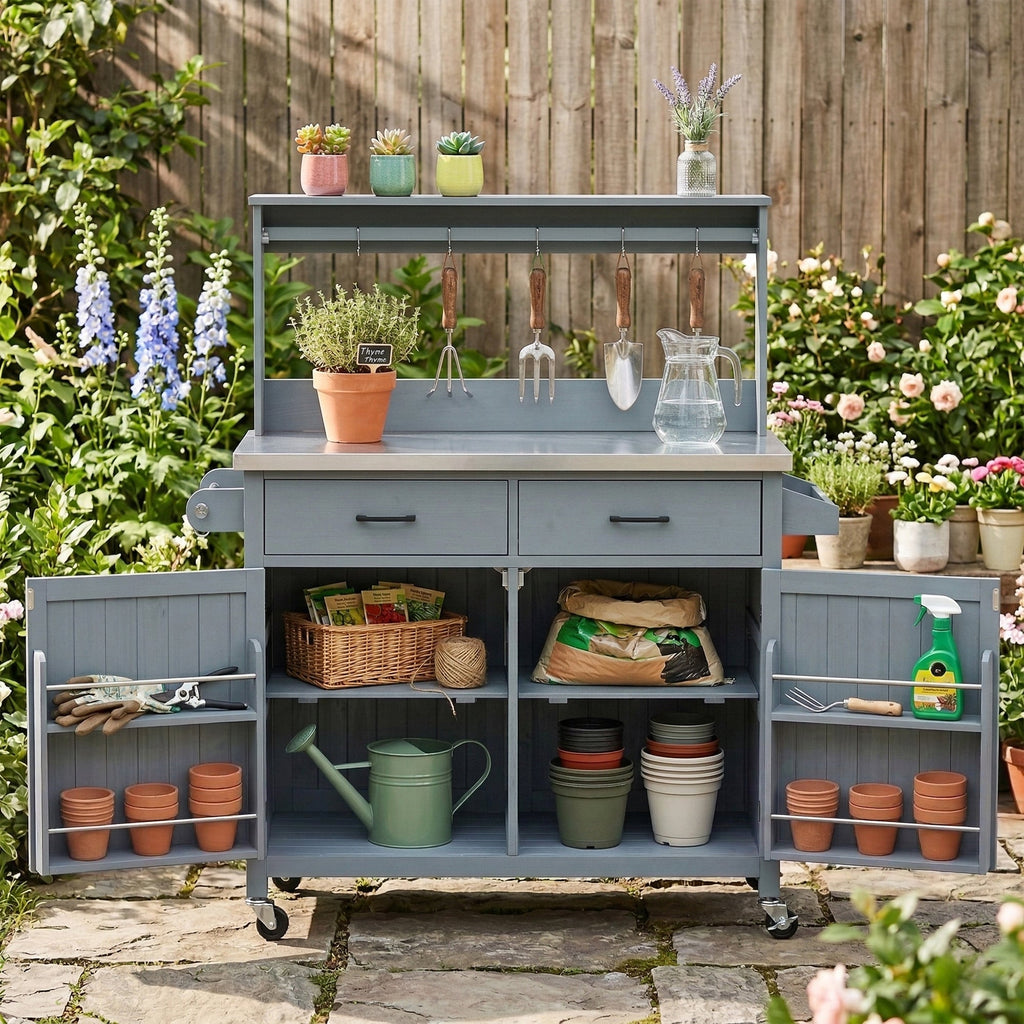 54.1" Outdoor Kitchen Island with High Shelf, Stainless Steel Top & Storage Cabinet