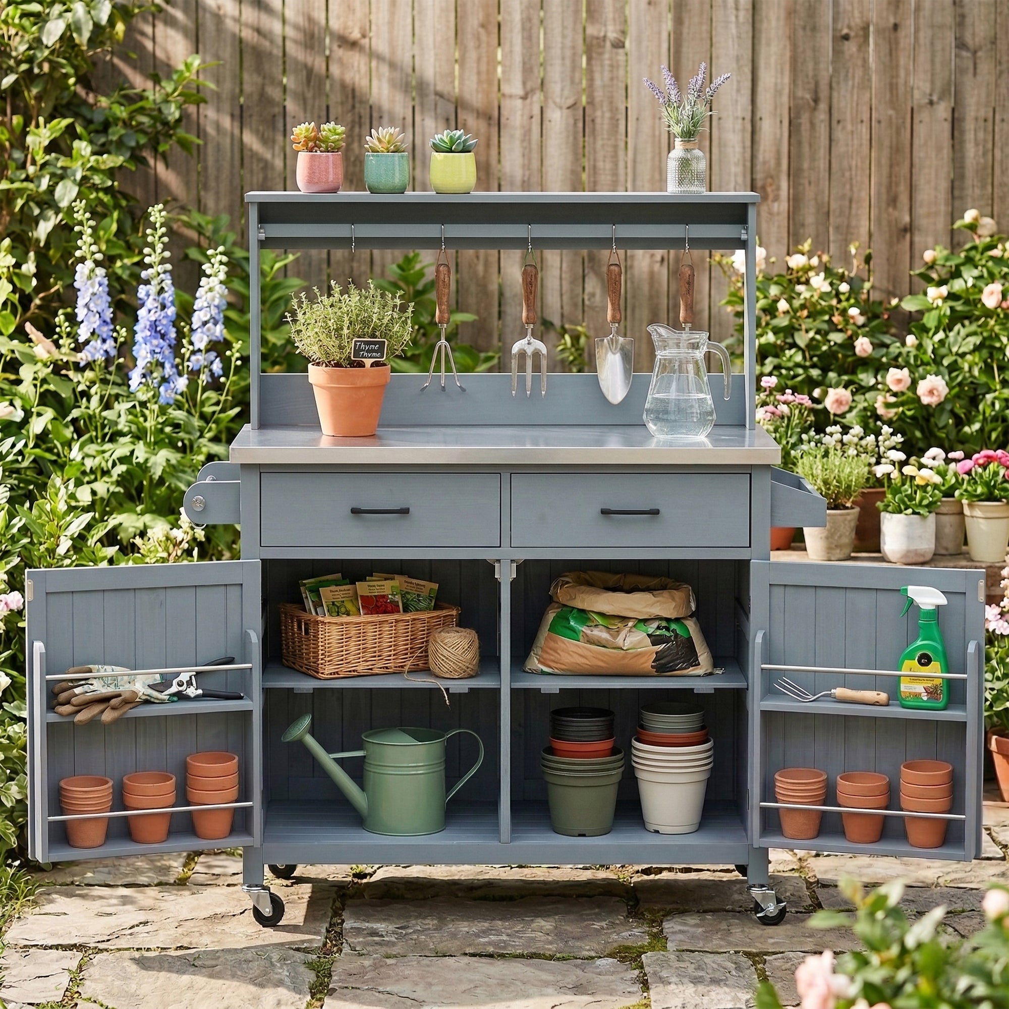 54.1" Outdoor Kitchen Island with High Shelf, Stainless Steel Top & Storage Cabinet