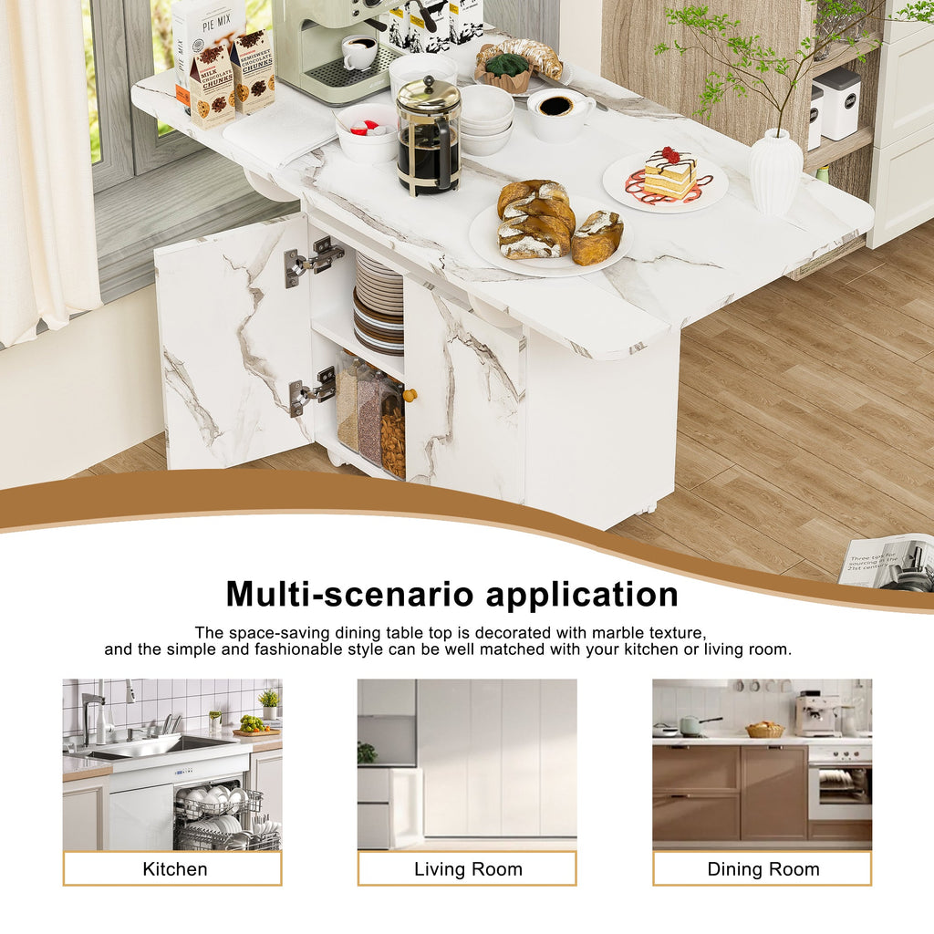 Versatile 47' White Marble MDF Folding Dining Table with Storage Rack and Cabinet