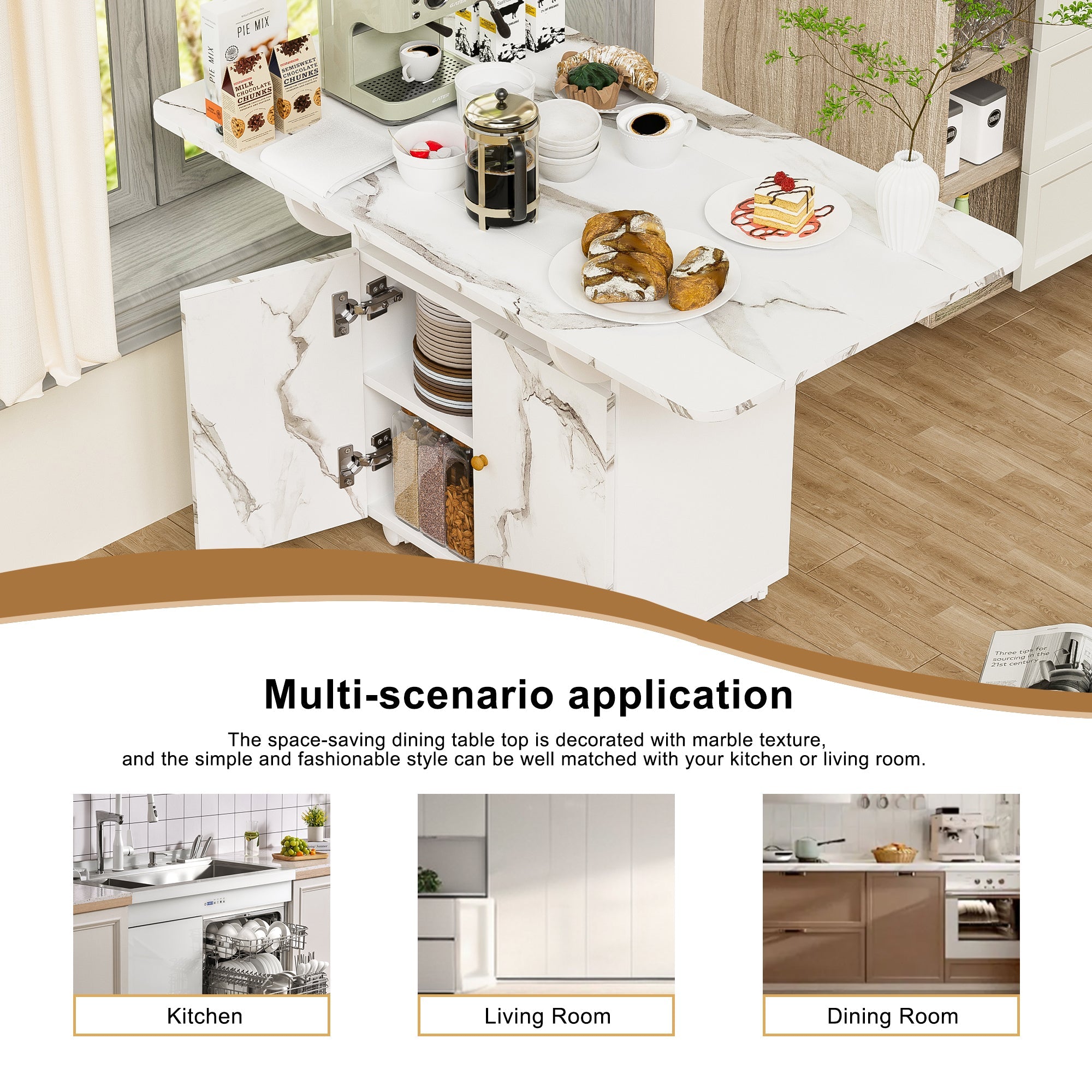 Versatile 47' White Marble MDF Folding Dining Table with Storage Rack and Cabinet