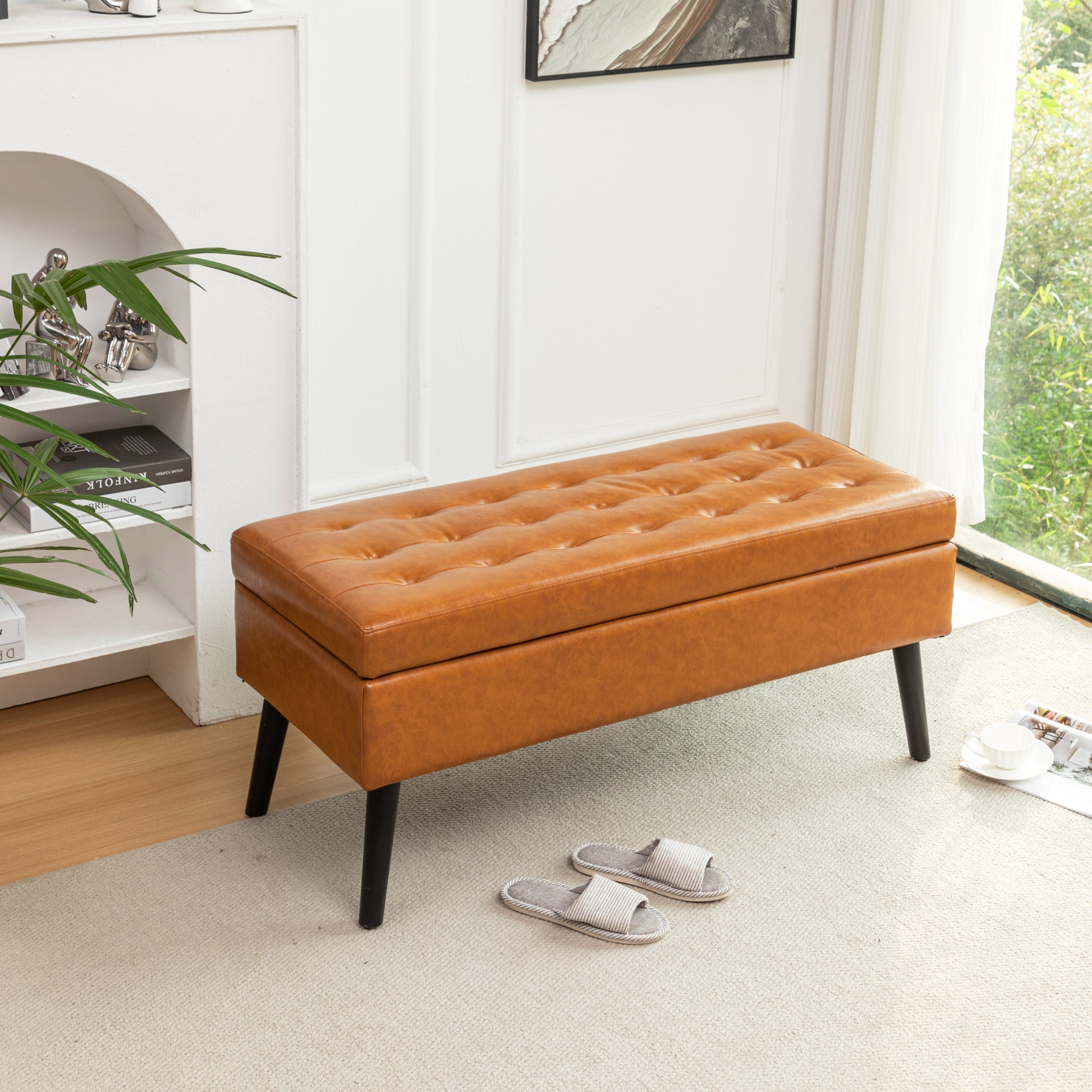 Brown PU Leather Storage Bench