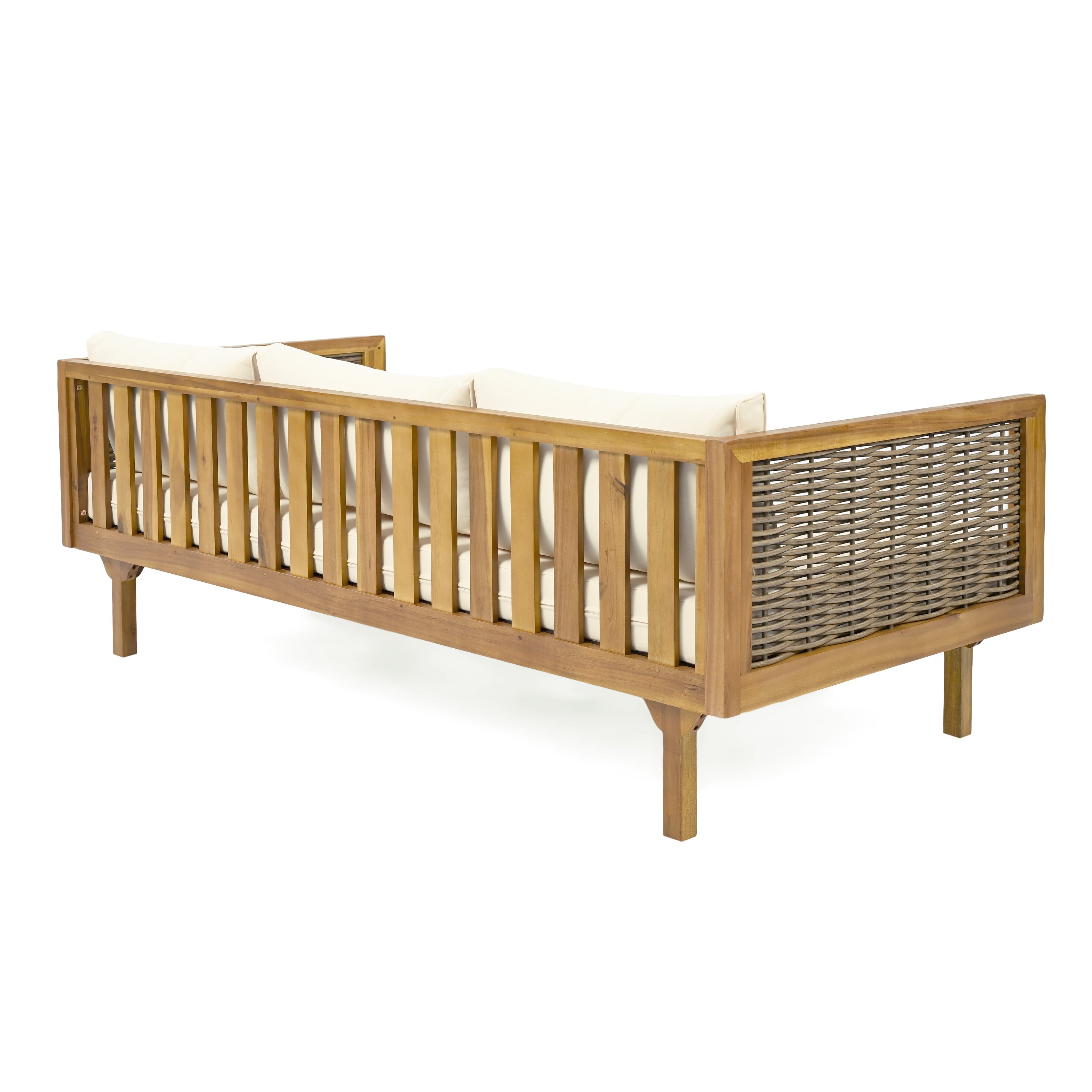 3 Seater Acacia Wood Daybed with Rattan Arms Beige Cushion