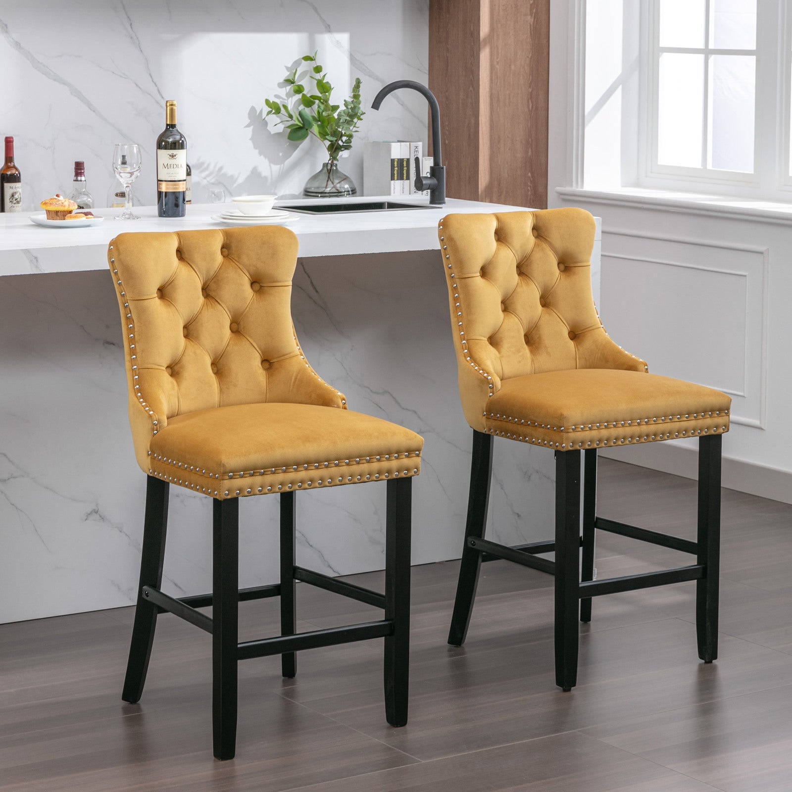 Contemporary Velvet Upholstered Barstools with Button Tufted Decoration (Set of 2)
